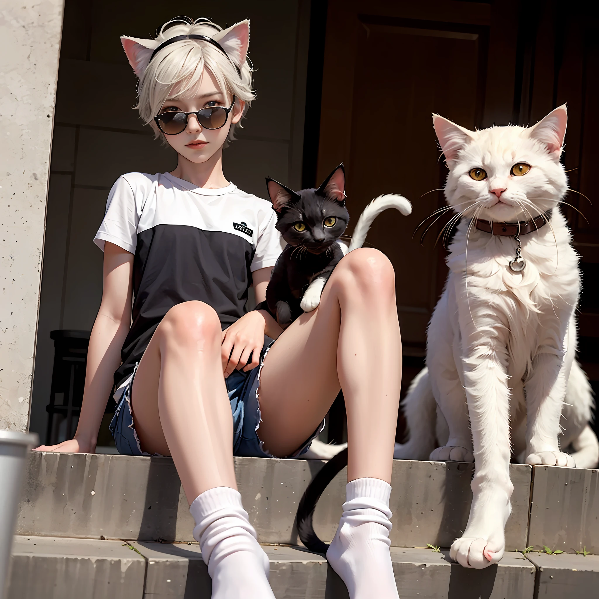 Cute little boy，is wearing a shorts，Wear socks on your feet，Sit Pose，cold shades，Kittens around，solo person，Handsome short white hair，There are cat ears on the head，Has a cat tail --auto