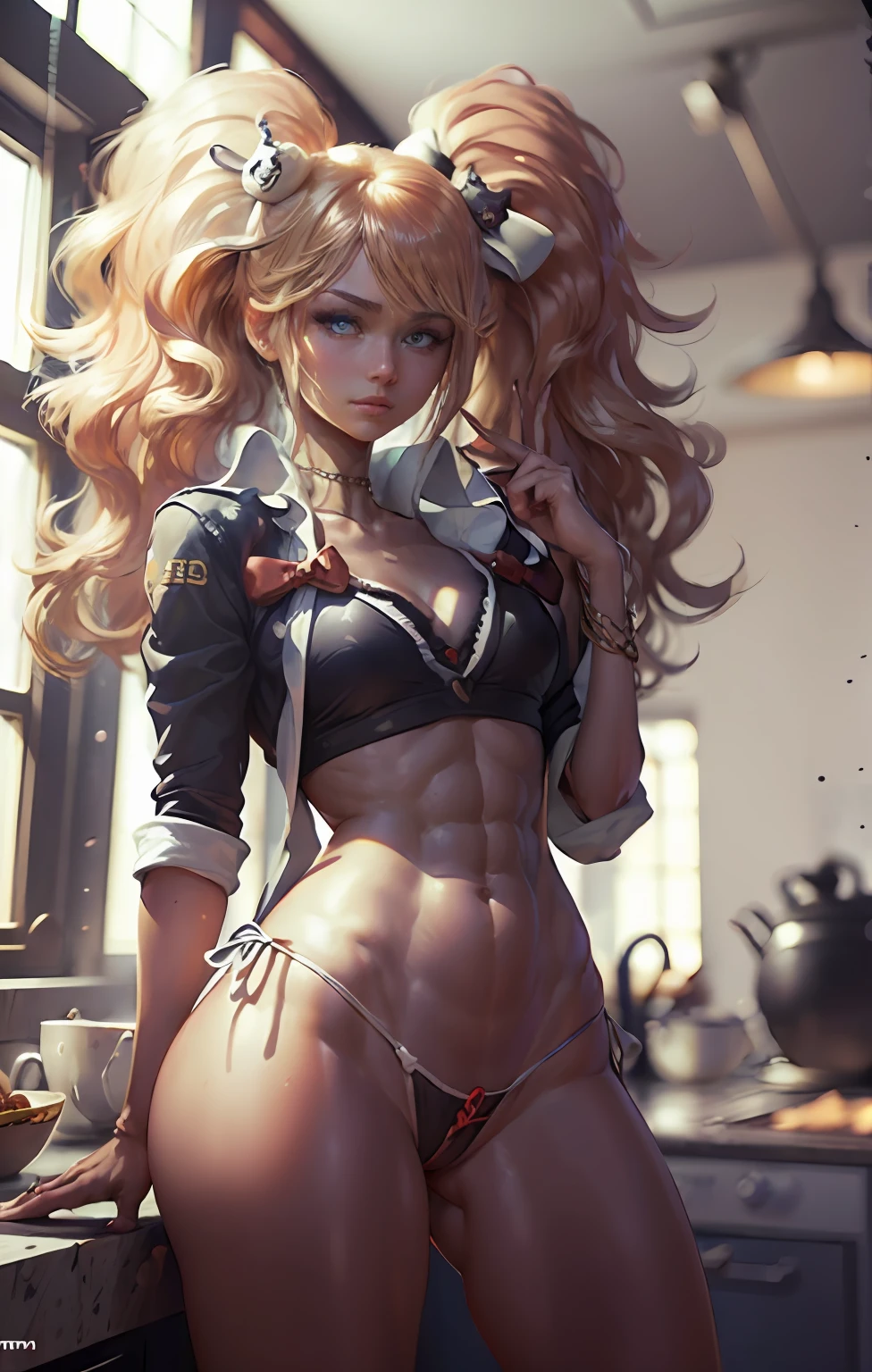 (hyperrealistic), (illustration), (high resolution), (8K), (extremely detailed), (best illustration), (beautiful detailed eyes), (best quality), (super detailed), (masterpiece), ( wallpaper), (detailed face), solo, (dynamic pose), 1 girl, black wavy hair in the kitchen, korean, heterochromic eyes, small moles under the eyes, ((apron), very huge breasts, white less cloth transparent mini shirt, white transparent thong, open legs, Vaginal discharge with flowing fluids, sexual arousal, sexual expression, shiny skin. Long legs, tight abs, (camel toe), (no panties), (no bra)