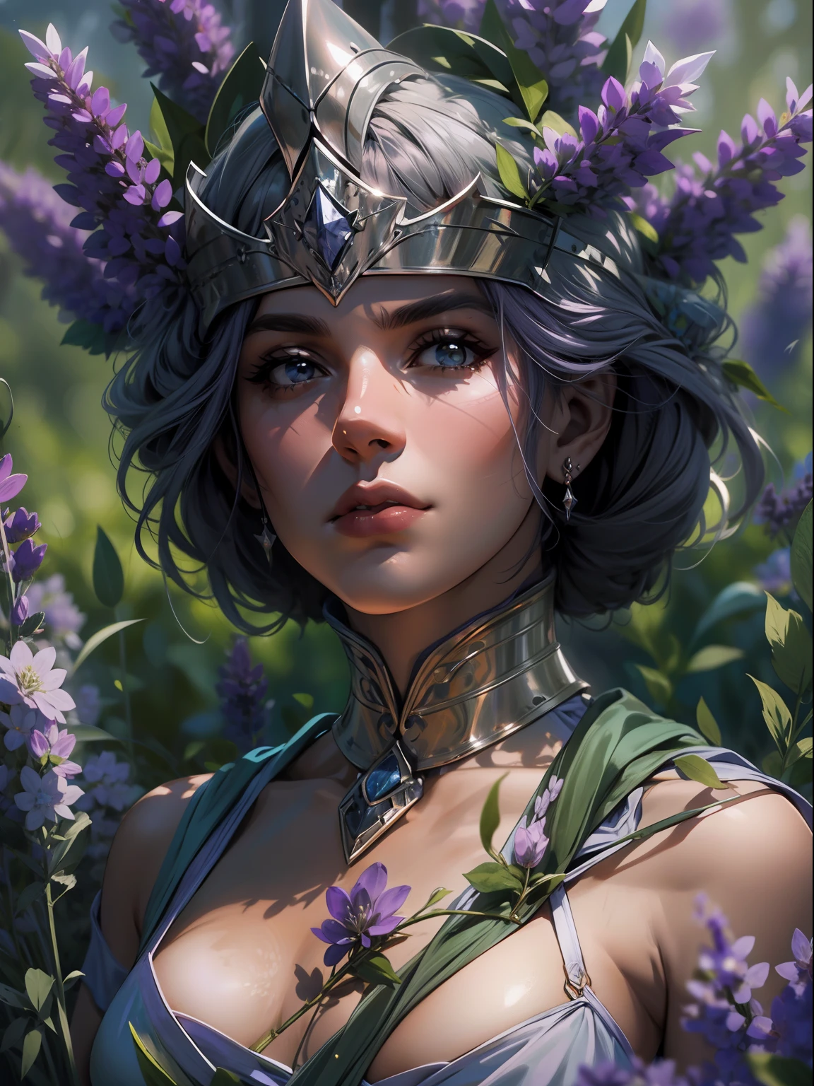 Capa de desenho, uma princesa guerreira de lavanda, expression serious, intensidade de close-up, master part, best quality, ultra-detalhado, Beautiful cinematic lighting, detalhes intrincados, Olhando para o Viewer, Profundidade de campo-AR 2:3-s 200