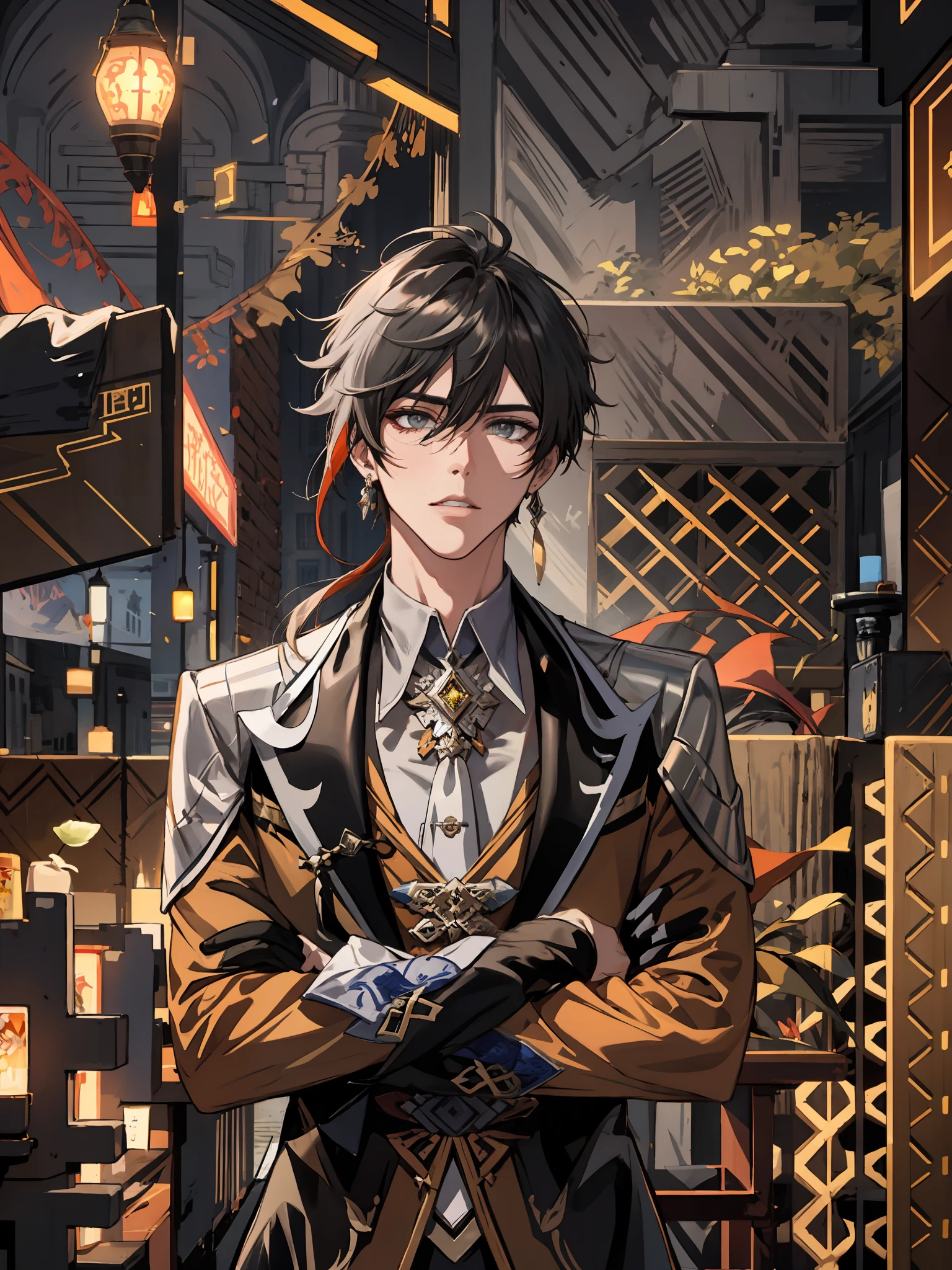 Asterpiece, La mejor calidad,Zhongli (Impacto de Genshin), Enfoque masculino, jewely, Cabello largo, 1child, solamente, Pendientes, flequillo, Guantes, Cola de caballo, Guantes negros, cabello multicolor, brown hair, pelo entre los ojos, pendiente individual,  chaqueta, Pendientes de borla, mangas largas, borla, Mirando al espectador, ojos amarillos, ojos brillantes, Cabello degradado, traje, cabello ?????,  (fondo gris:1.4),(kbxll:0.6)
