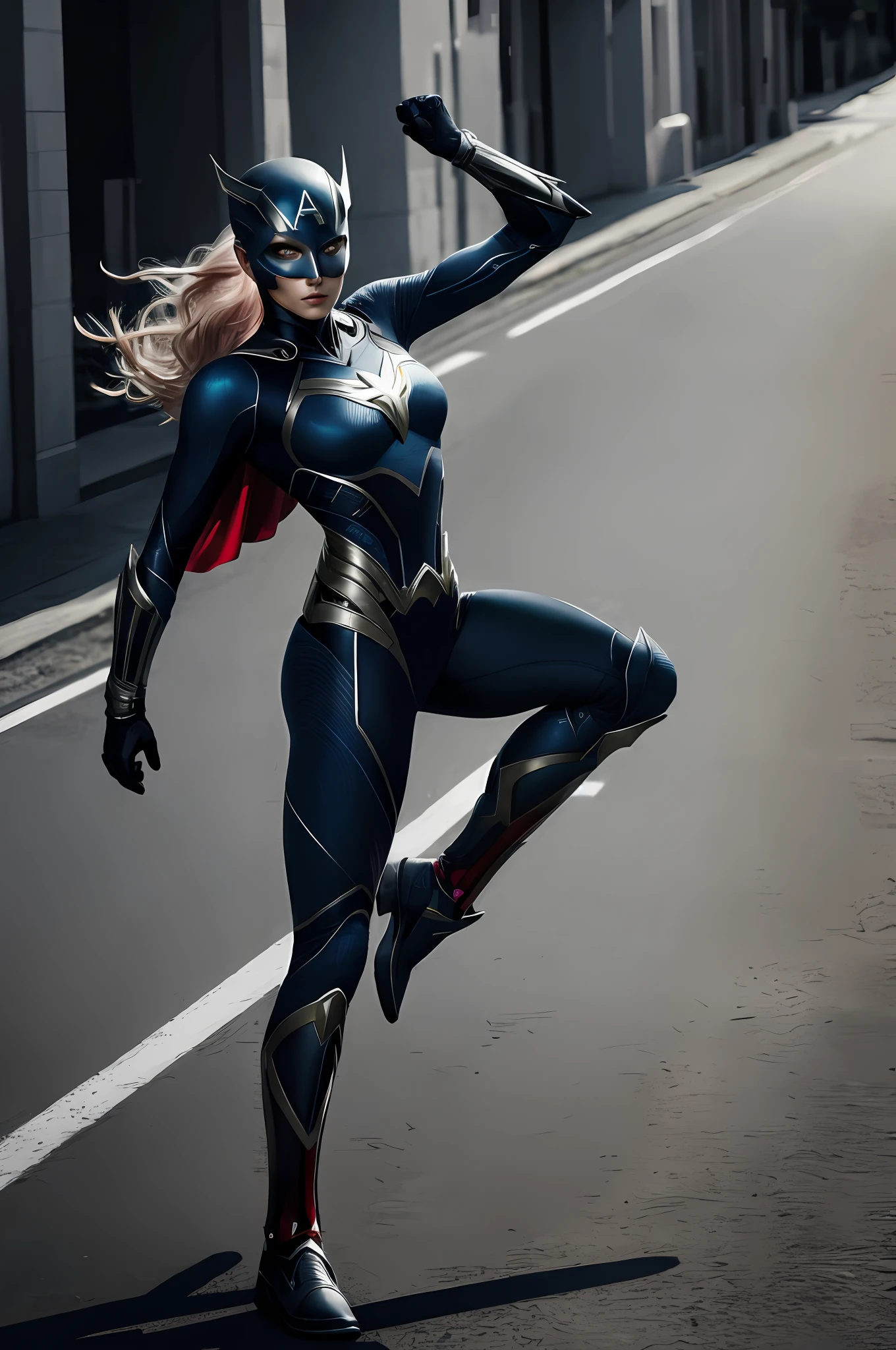 (16k, foto RAW, melhor qualidade, obra-prima: 1.2), ultra-detalhado, arte formal, fotorrealismo: 1.37, foto na parte superior do corpo, (MulherARLEKINAl , beauty superheroNADC, film grain, Action Pose