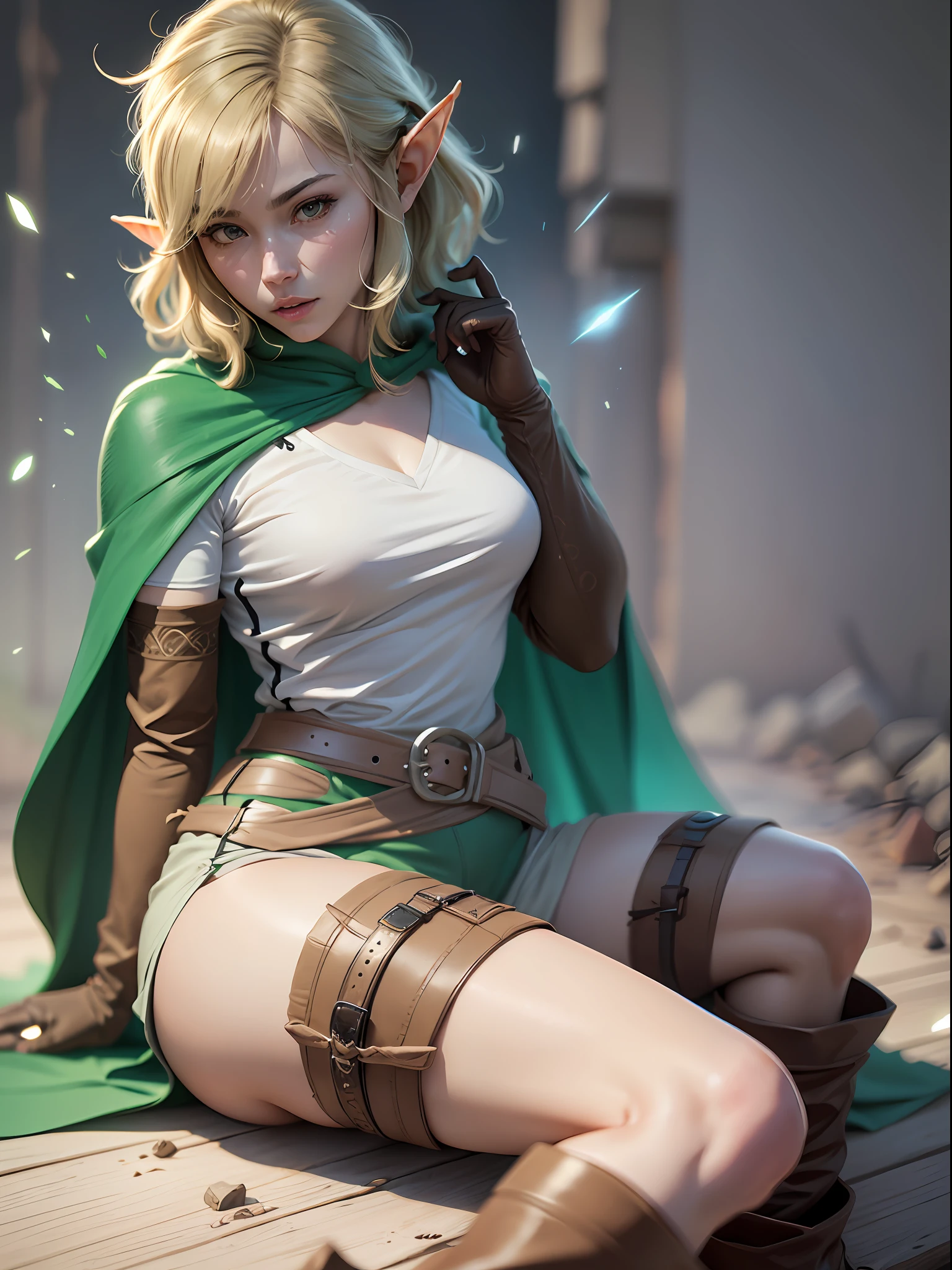 ryuu,  thight boots, cloak, elbow gloves, green underwear, white t-shirt, long thight boots, brown boots, elf ears, (realism:1.2), (masterpiece:1.2), (best quality), (ultra detailed), (8k, intricate), (85mm), light particles, lighting, (highly detailed:1.2), (detailed face:1.5), (gradients), sfw, colorful, daylight, solo.
