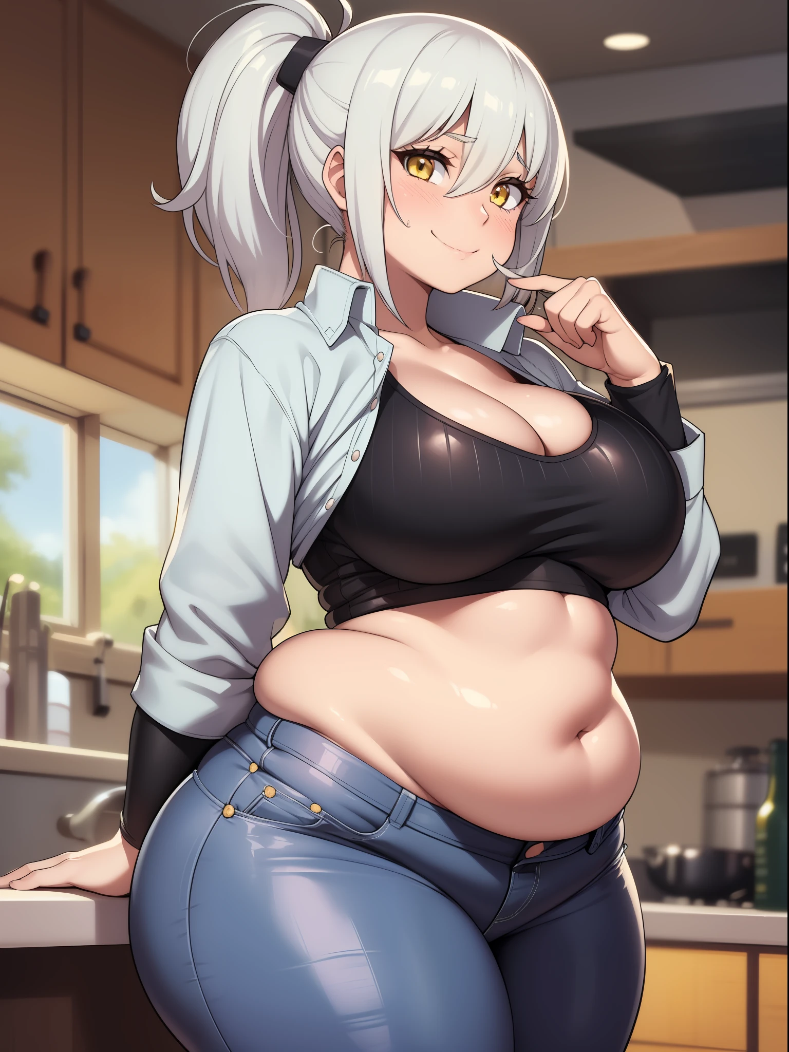 (((kipteitei art))), Masterpiece, high quality, best quality, beautiful, HD, perfect lighting, detailed face, detailed body, ((1girl)), ((solo)), ((silver hair)), medium hair, ponytail, (messy hair), hair between the eyes, yellow eyes, smile, (excited), closed mouth, happy, blush, looking at viewer, cowboy shot, ((white shirt)), jeans, ((((tight pants)))), large breasts, cleavage, perky breasts, ((wide hips)), (((thick thighs))), ((fat ass)), pudgy belly, belly hang, ((kitchen)), leaning on counter, dynamic pose,