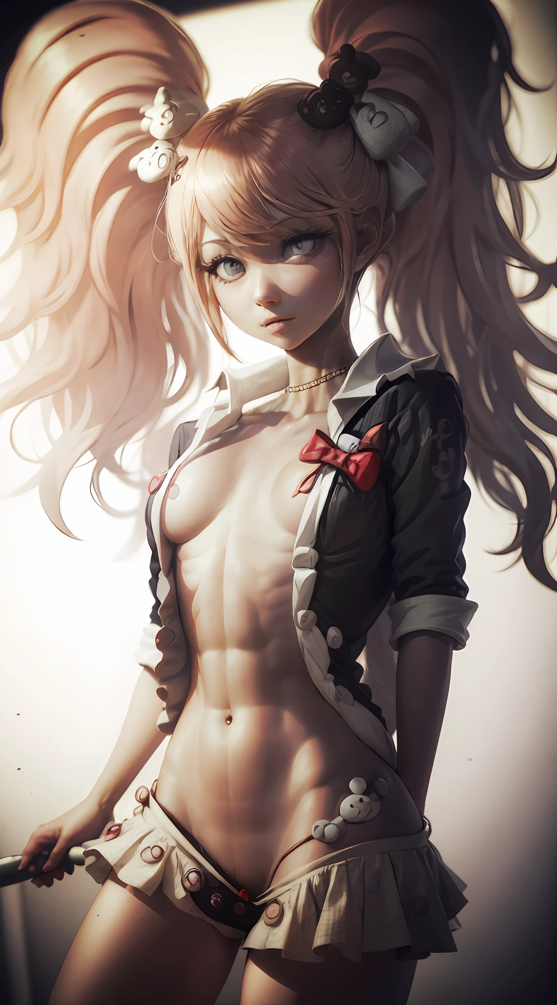 Junko Enoshima A nipple comes out from under the shirt, and the underside of the body totally naked.