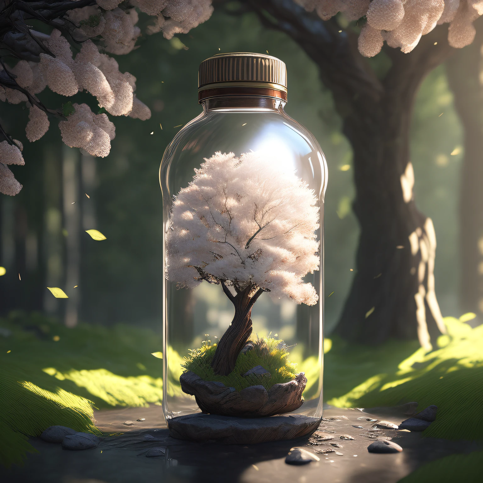 dreamlikeart tree in a bottle, fluffy, realistic, photo, canon, dreamlike, art, colorfull leaves and branches with flowers on top of its head. hyperdetailed photorealism by greg rutkowski - h 1024 w 804 | f 1 6 lens mark 2:2 s 3555 mm film grain :1 lifelike high res sharp focus contrast!! intricate detailed atmospheric light refraction lighting unreal engine 5 cinematic concept photography masterpiece octane render trending at cgsociety rendered as