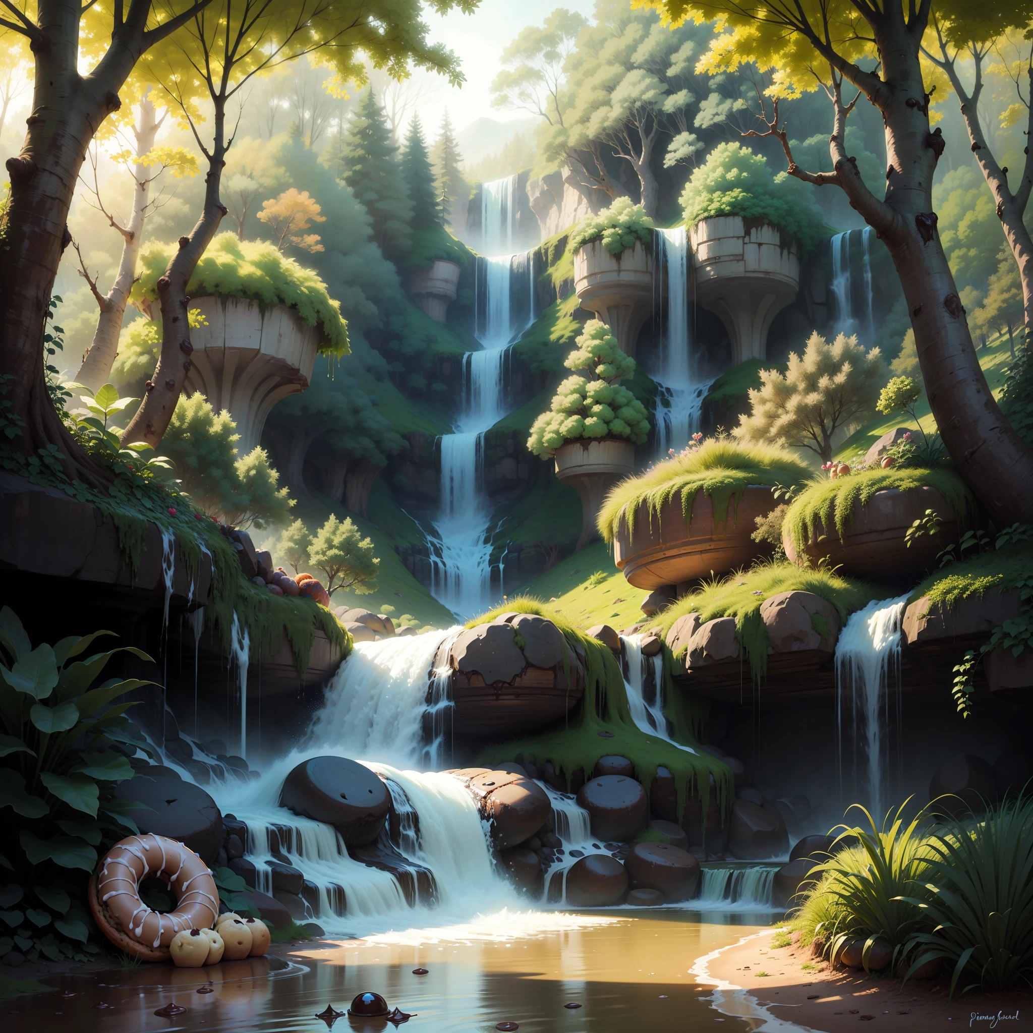 Liquid chocolate waterfall and trees with muffins and donuts. Pintura digital