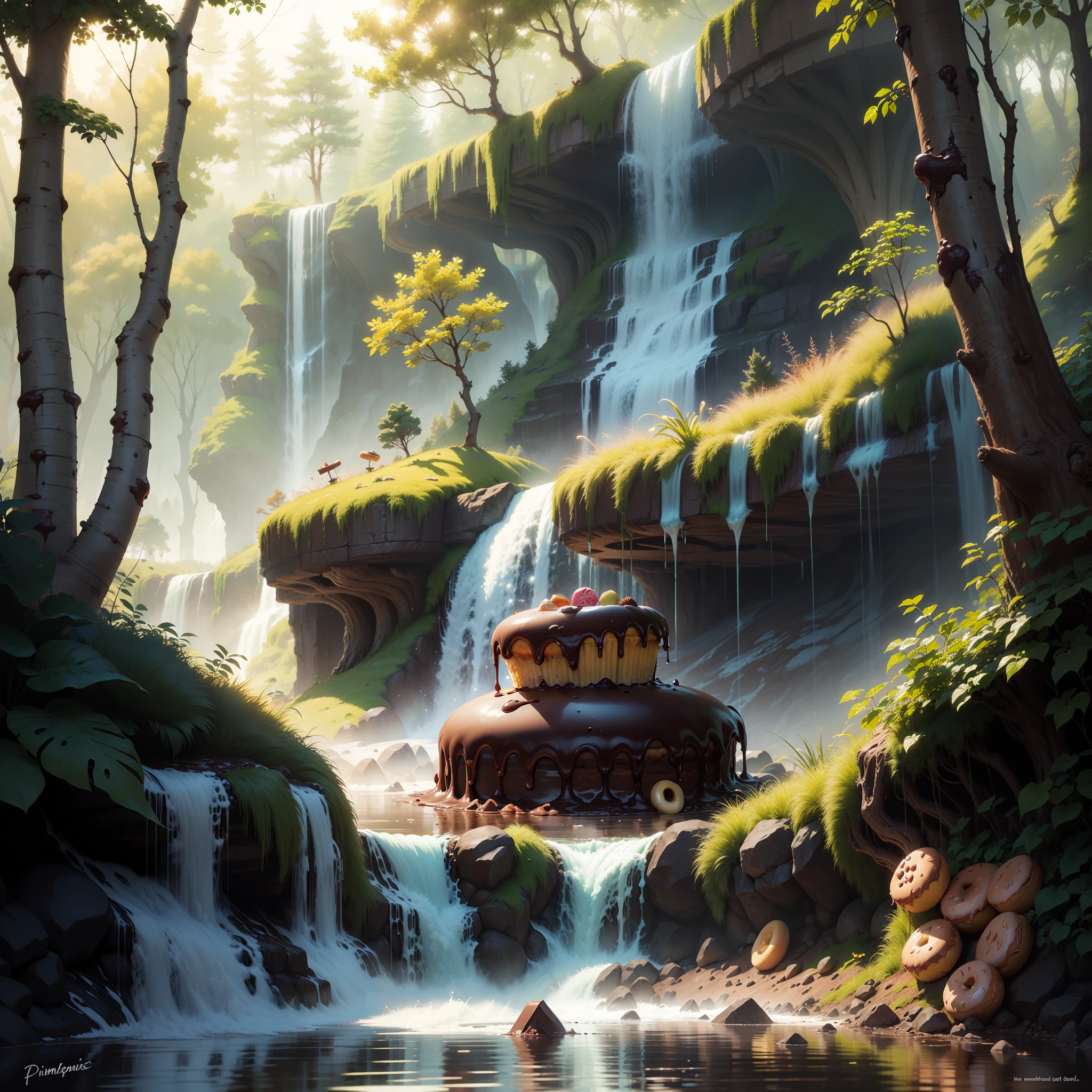 Liquid chocolate waterfall and trees with muffins and donuts. Pintura digital