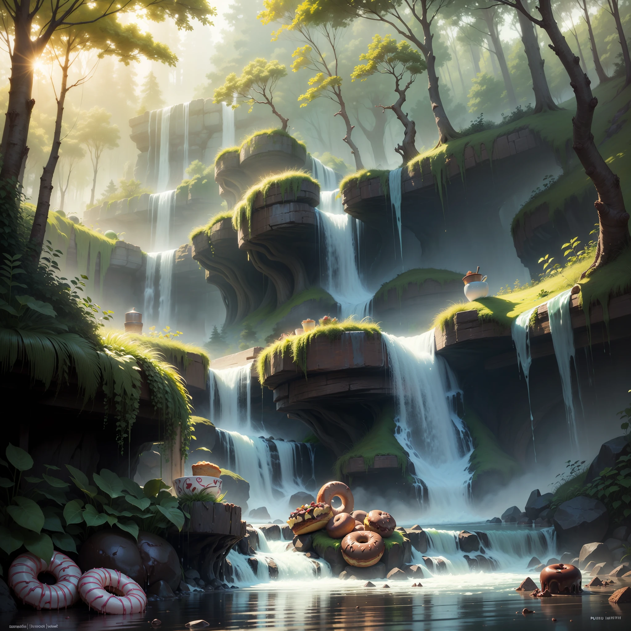 Liquid chocolate waterfall and trees with muffins and donuts. Pintura digital