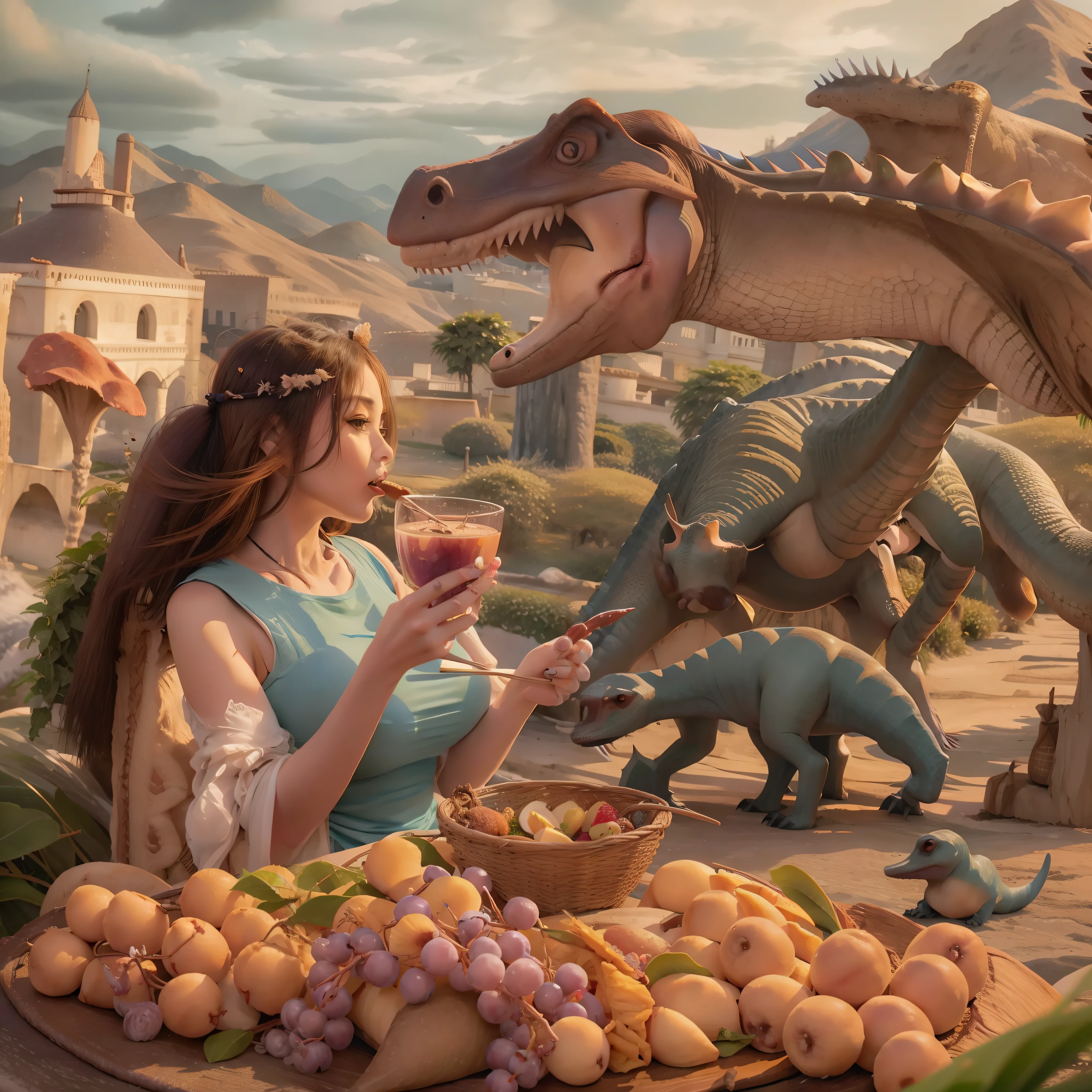 Una mujer comiendo uvas al lado de un dinosaurio, con un paisaje de pueblo de fondo