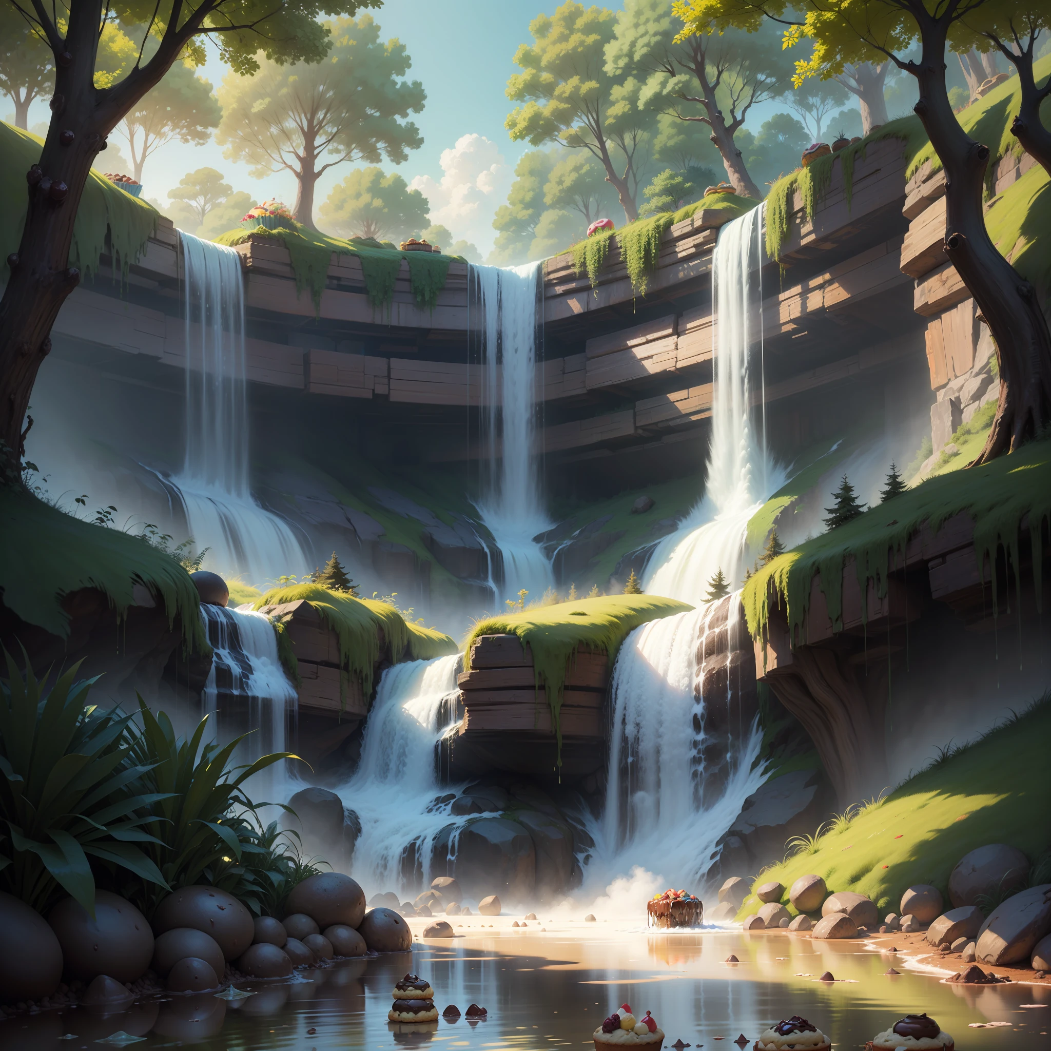 Liquid chocolate waterfall and trees with muffins and donuts. Pintura digital