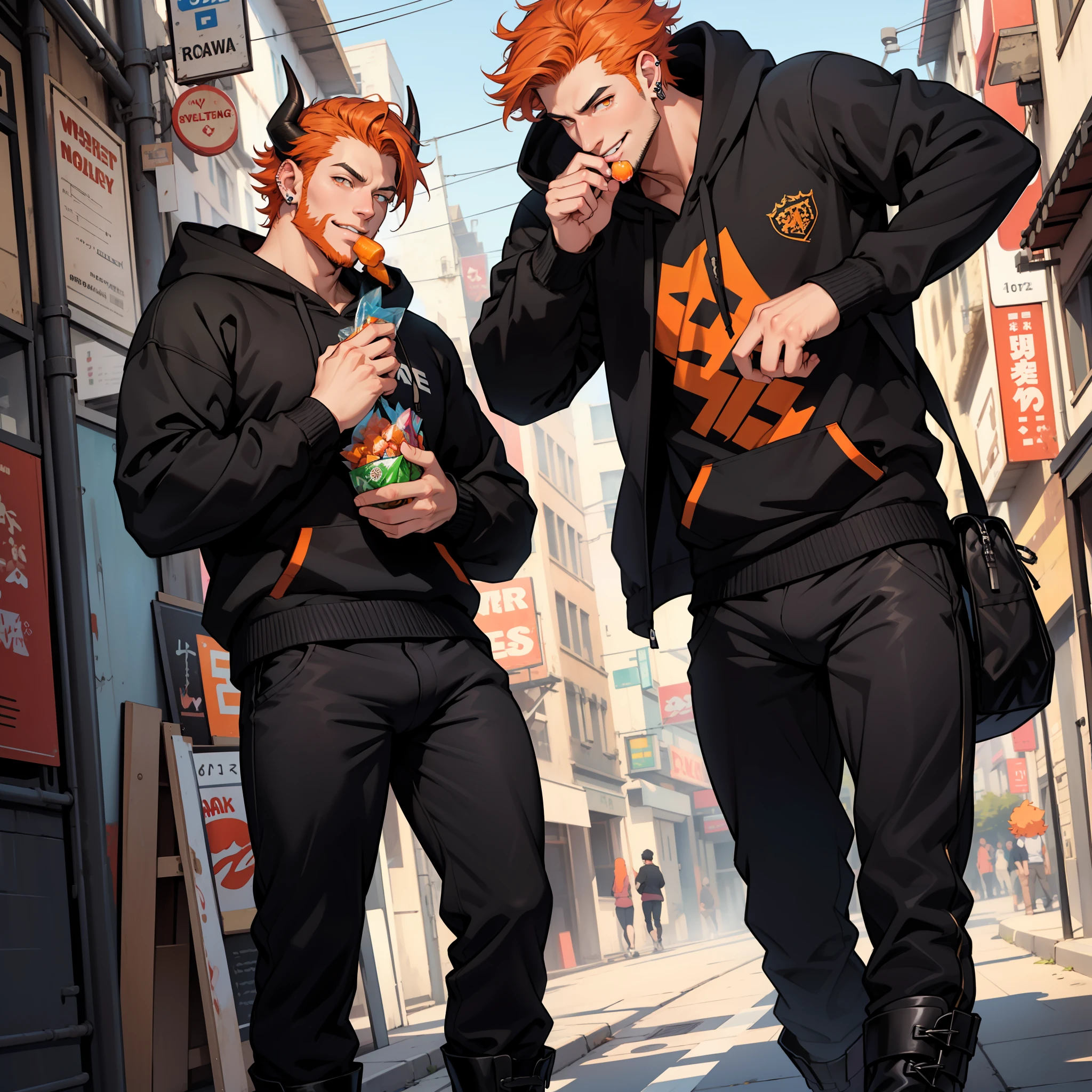 Handsome male, orange hair, short curly hair, orange eyes, horns, bara, smirk, soft features, beard, roman nose, black hoodie, chest harnes, black pants, black boots, big bulge, piercings, eating candy, good quality, 1 male