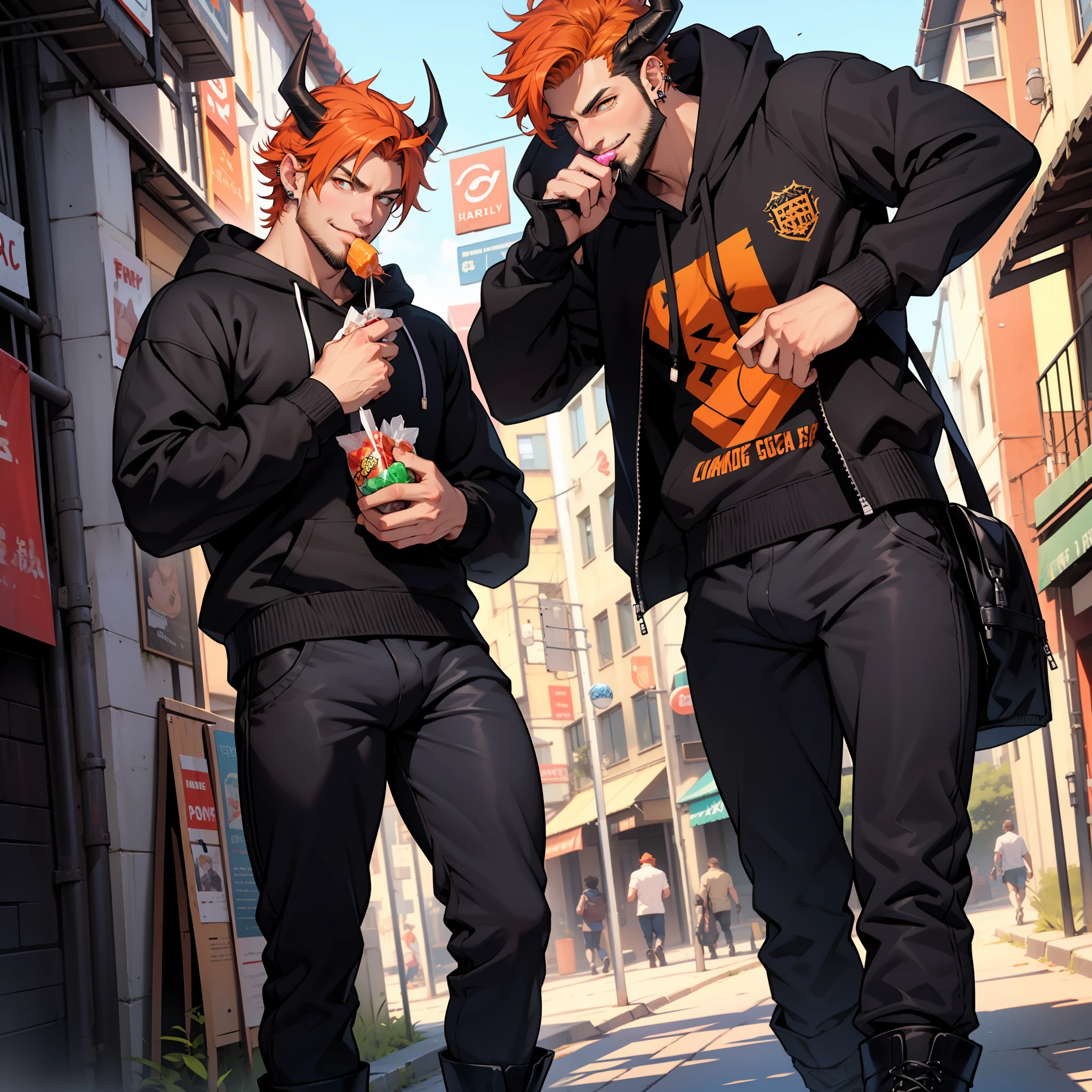 Handsome male, orange hair, short curly hair, orange eyes, horns, bara, smirk, soft features, beard, roman nose, black hoodie, chest harnes, black pants, black boots, big bulge, piercings, eating candy, good quality, 1 male