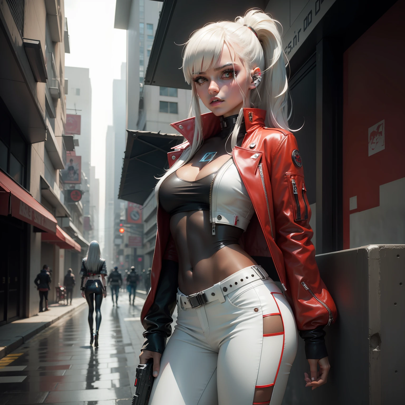 modelshoot estilo, (obra de arte), yandere, cyberpunk, cyborg, com uma faca, pistola, cabelo marrom, jaqueta preta, white leather pants.