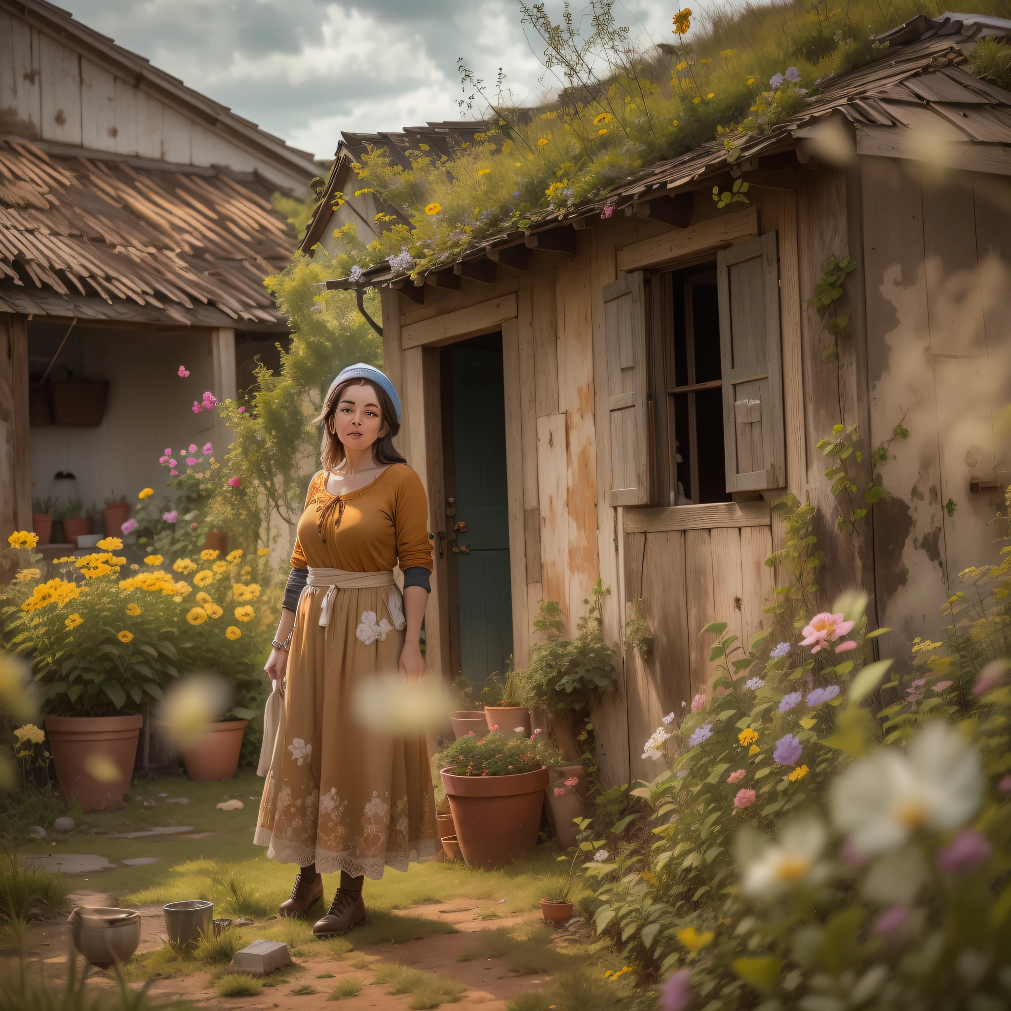 Meet Elizabeth, uma devotada pastora, enquanto ela guia seu rebanho de ovelhas pelas pitorescas colinas ondulantes. Com um toque carinhoso, ela garante seu bem-estar enquanto pastam em meio a flores silvestres, while a rustic farmhouse harmoniously sits in the background.