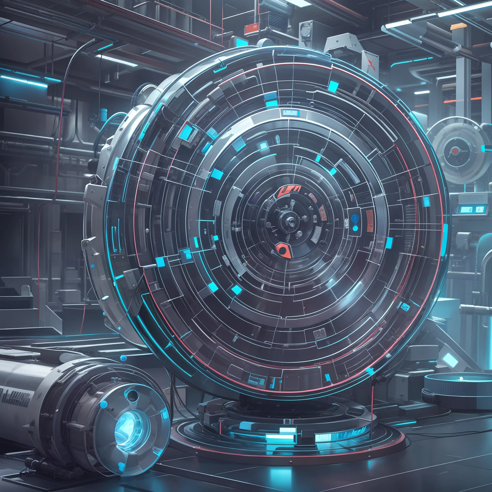 Make a tubular particle generator, extremamente detalhado, Ultra Detalhado, modern and technologically advanced. cores vibrantes, Blue Rays and a Futuristic Time Machine.