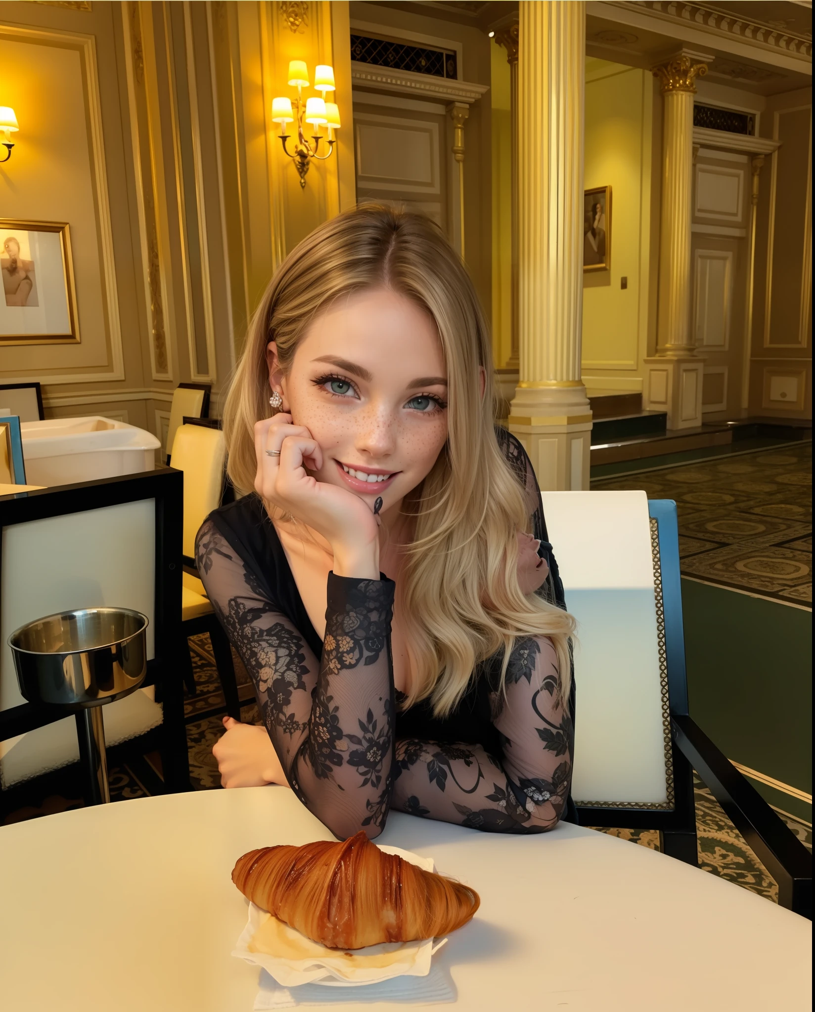 Rosto de uma mulher, americana, 30 anos, pale skin and freckles, olhos cinzas, nariz delicado, soft and delicate lips, cabelo blondie cinza, ultrarrealista HD fotorrealista altamente renderizado sorriso cativante, cabelo blondie cinza