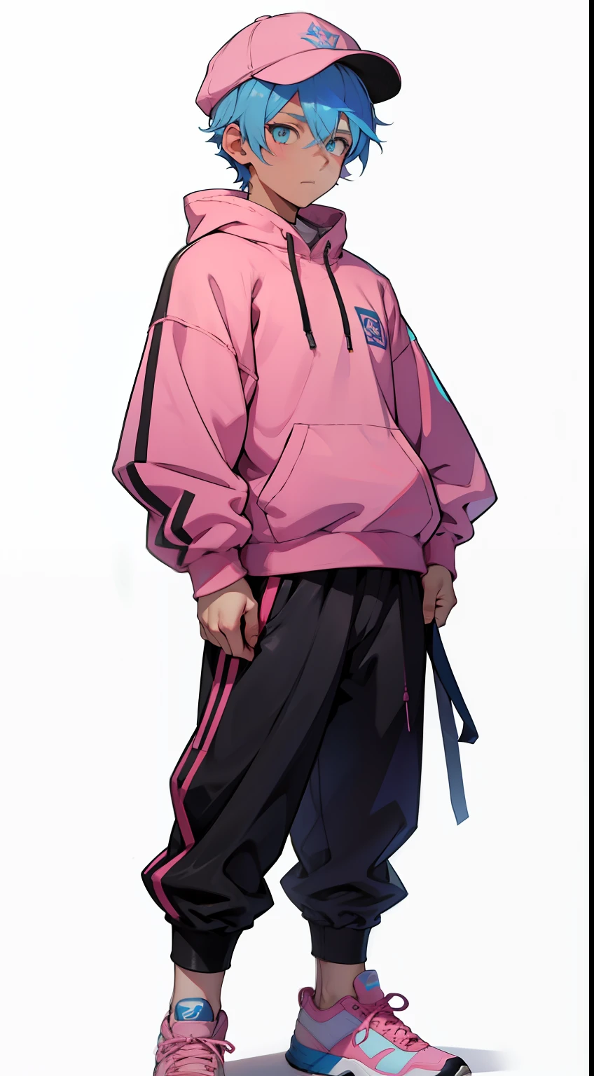 Anime youth in pink hats,animesque、pink headwear、Pink cap、single body、Niō Standing、Pentatosomy、full bodyesbian、ember、 1人、Equal to the size of the body、Blue hair、short-haired、simple background、White background、blue eyess、a cool、mano、I'm fixing my hat、full bodyesbian、ember、shoun、twinks、 male child,blue clothing、Blue Trainer、Black pants、shoe、Tall
