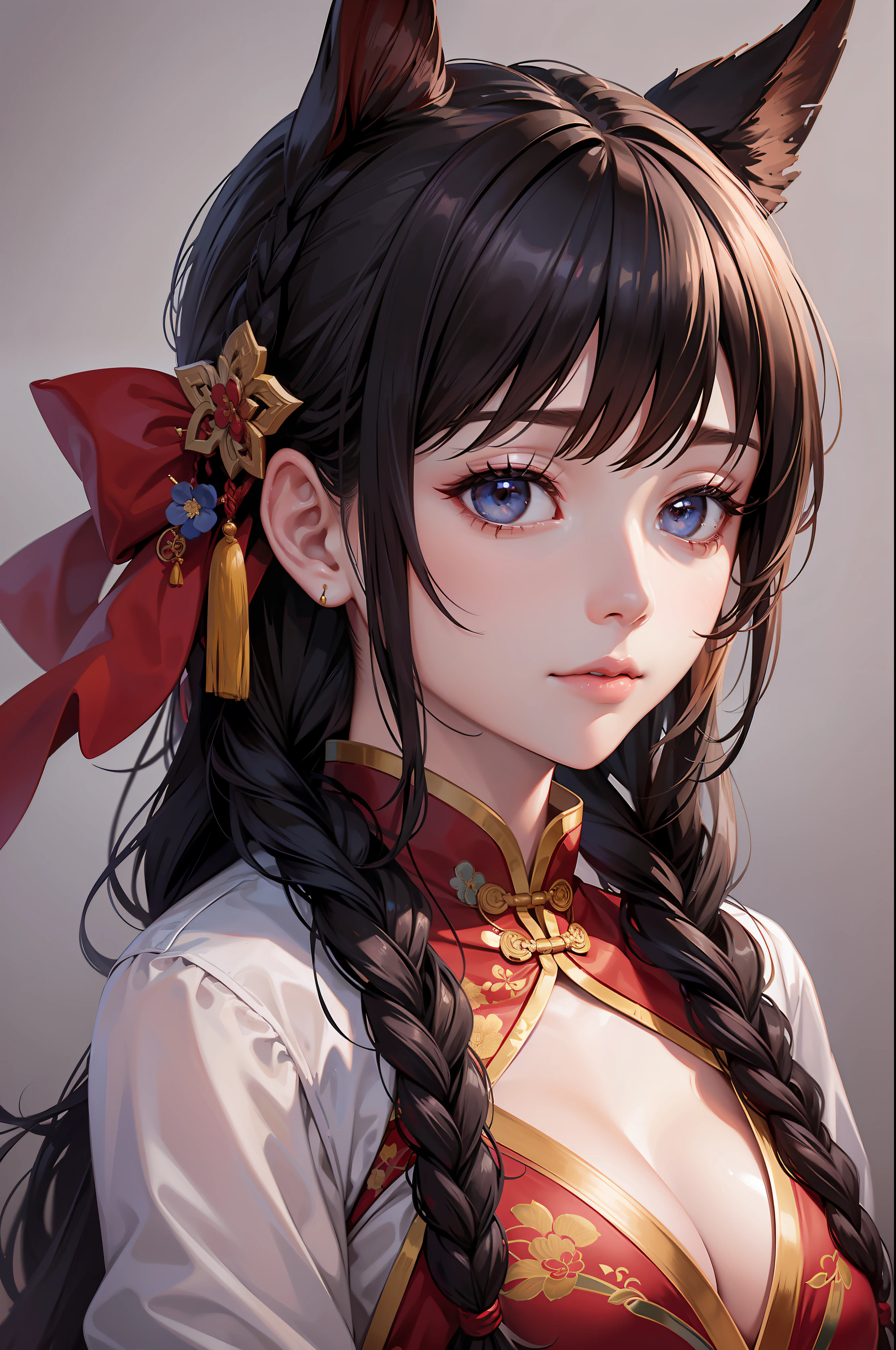 Best quality,Masterpiece,Ultra HD digital photos,solo portrait,one-girl,Wearing traditional Chinese clothing,red color Hanfu,Long black hair,hair braids,closeup cleavage,simplebackground,