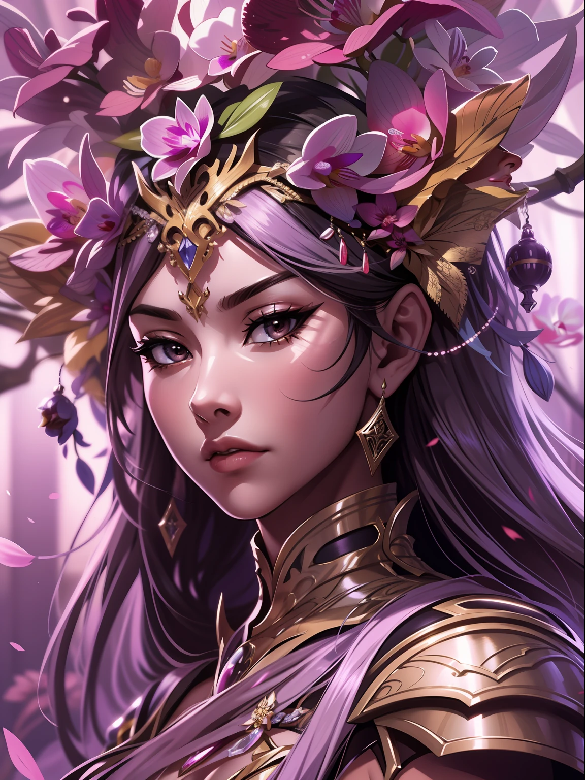 drawing cover, an orchid warrior princess, expression serious, close-up intensity, masterpiece, best quality, ultra-detailed, cinematic beautiful lighting, intricate details, looking at viewer, depth of field-ar 2:3-s 200