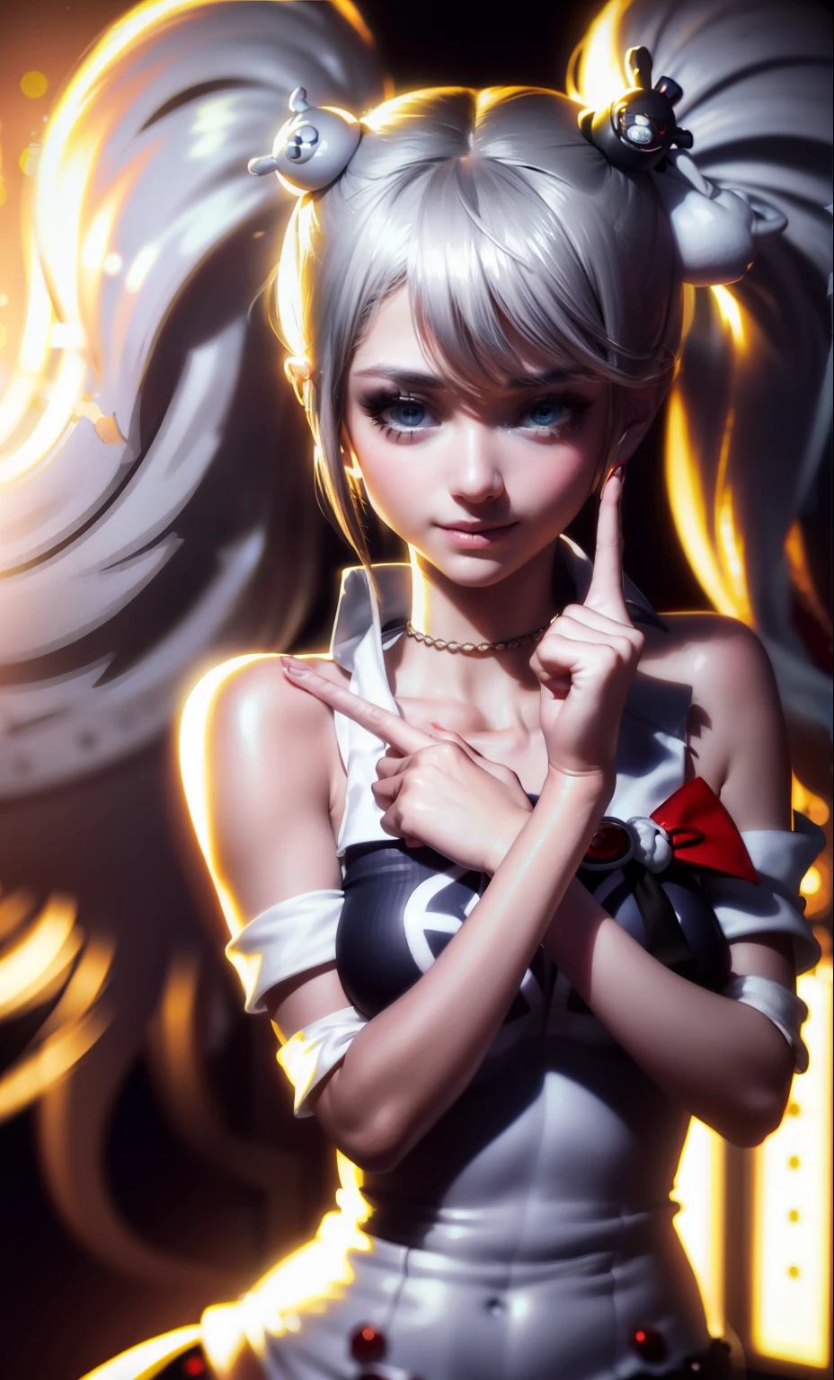 ((grey hair)), high ponytail,heavy makeup, cute, technological sense,8k, best quality, masterpiece, illustration, an extremely delicate and beautiful, extremely detailed ,CG ,unity ,wallpaper, Amazing, finely detail, masterpiece,best quality,official art, extremely detailed CG unity 8k wallpaper,((smile)),tomboy,((Big eyes)),((perfect eyes)),highly detailed, sharp focus,rich background,loli, looking at viewer, breasts, blurry background, huge breasts, bangs, bare shoulders, white dress, dress, realistic, in the cyberpunk city, strong rim light, in summer,