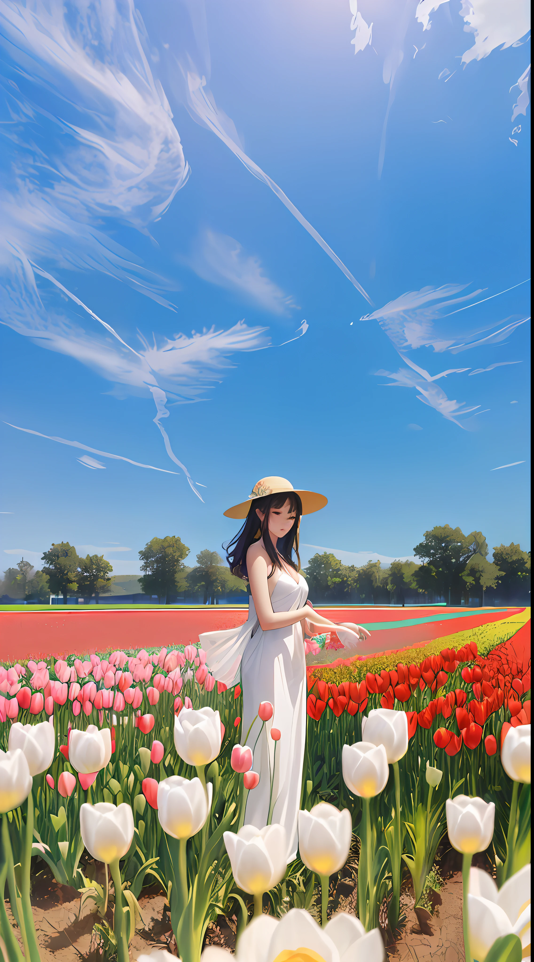 there is a pretty chinese woman standing in a field of tulips with a sun hat on and wearing white halter dress, standing in tulips field, standing in a flower field, woman standing in tulips field, girl standing in a flower field, standing in a field with flowers, girl in a flower field, with flower fields as foreground, in a field of flowers, flower fields, girl standing in flower field, wearing sunglasses, tall and slim