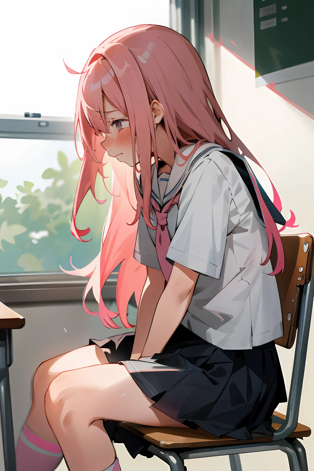 One long hair, girl in school uniform, miniskirt, pink hair, looking away, sitting, embarrassed, blushing, crying, mouth closed, classroom (girl leaking pee)