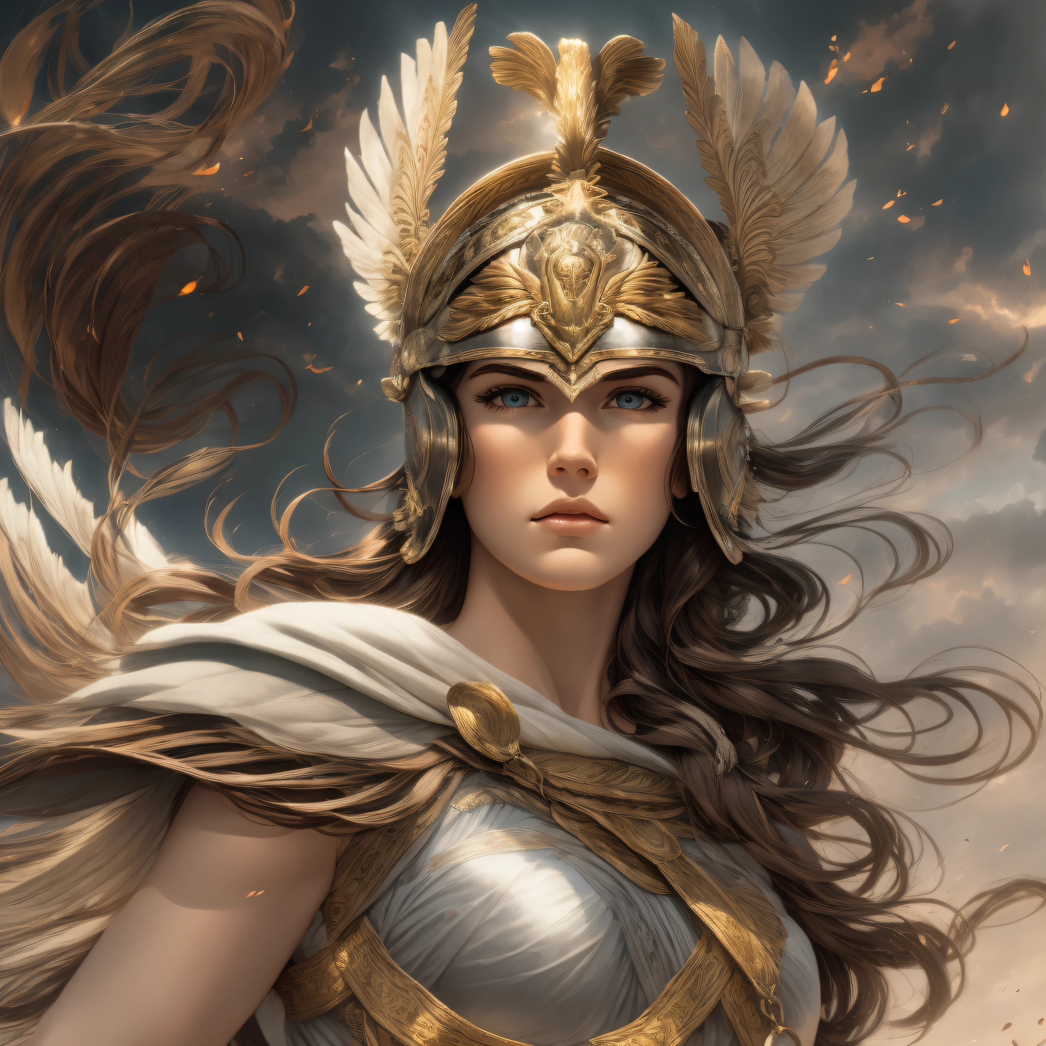 Greek Goddess Athena, brown hair, gray eyes, greek helmet, she is holdind a spear and wearing a light greek armor while fly in sky, looking down with fierce eyes