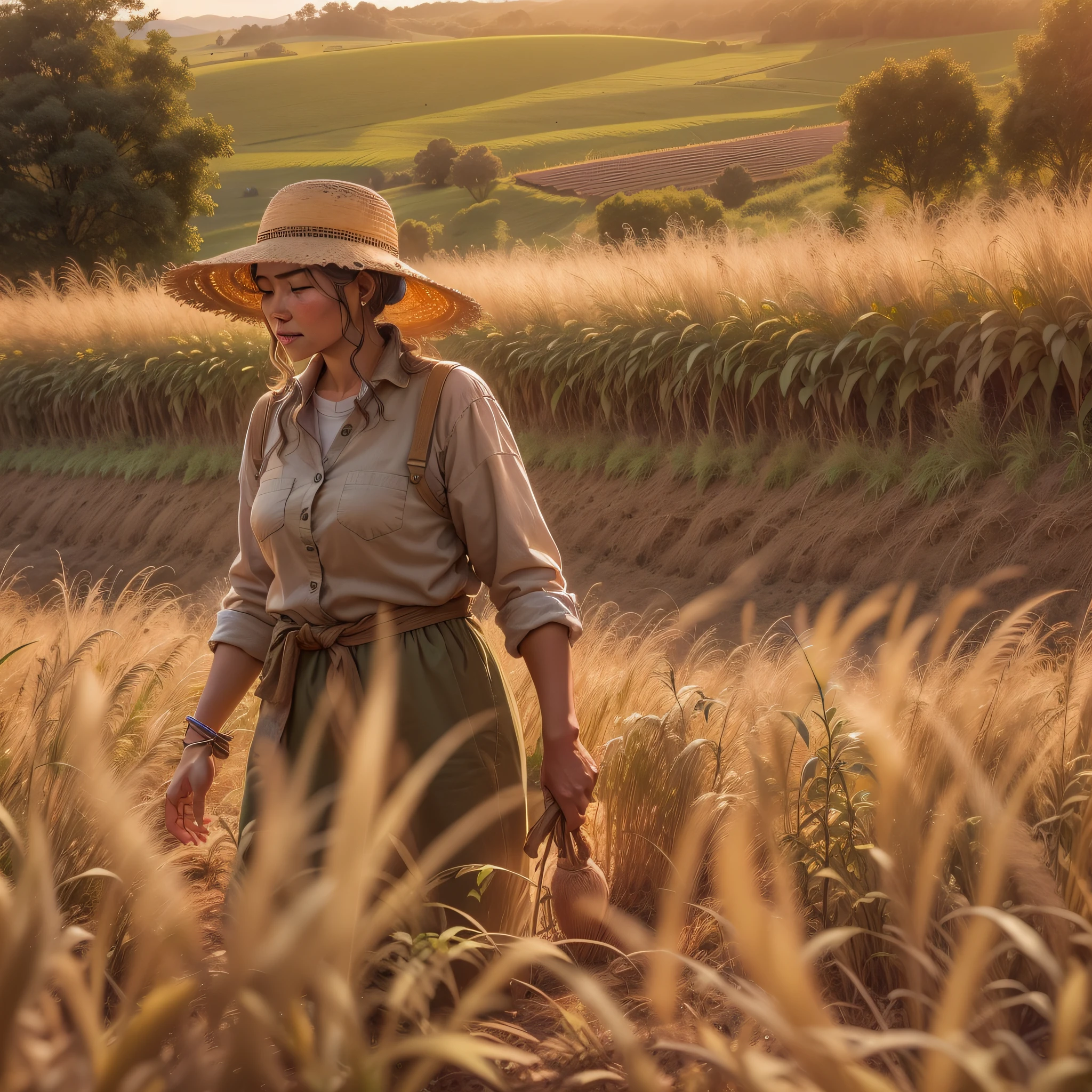 Immerse yourself in the tranquility of a rustic farm while Jane, uma agricultora carinhosa, cuida de uma colheita abundante. With his aged straw hat and worn boots, She cultivates rows of sun-kissed crops, surrounded by lush golden fields that stretch towards the horizon.