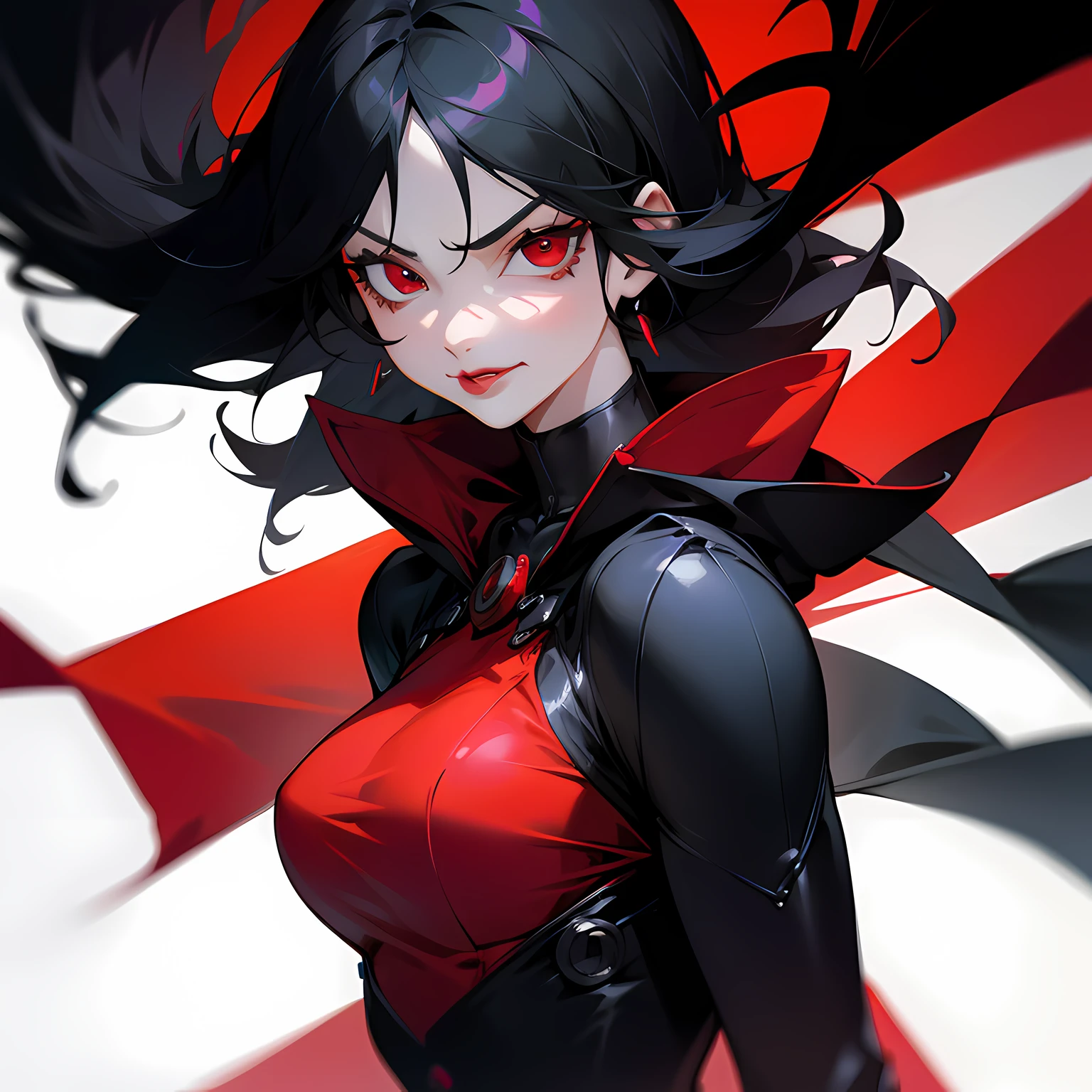 "Girl with intense and menacing gaze, confidently smirking.", Black hair, red eyes, red lips, dark outfit