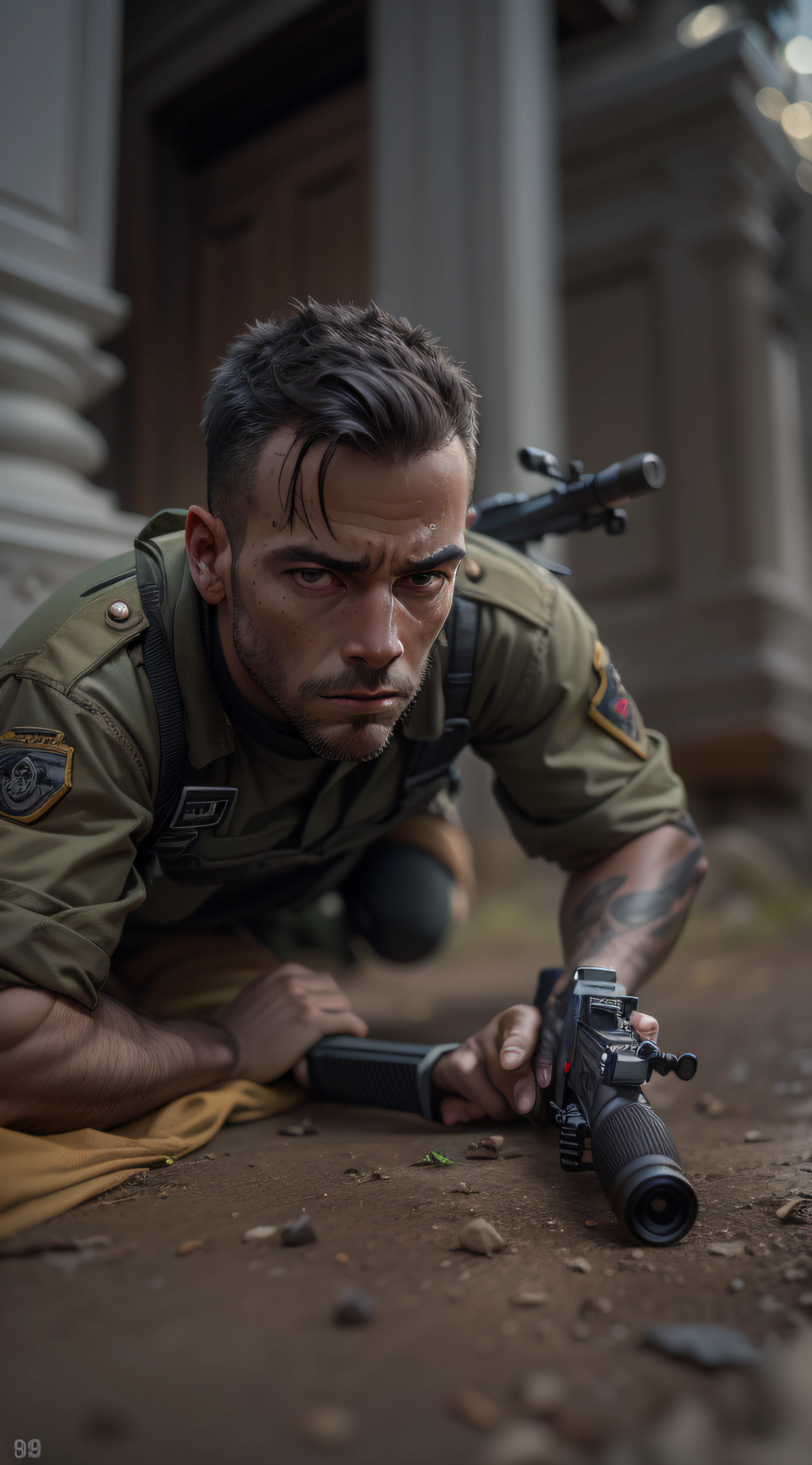 retrato soldado de pele branca, crawling on the ground with his gun, foco no rosto, cinematografico, cena de filme, 8k