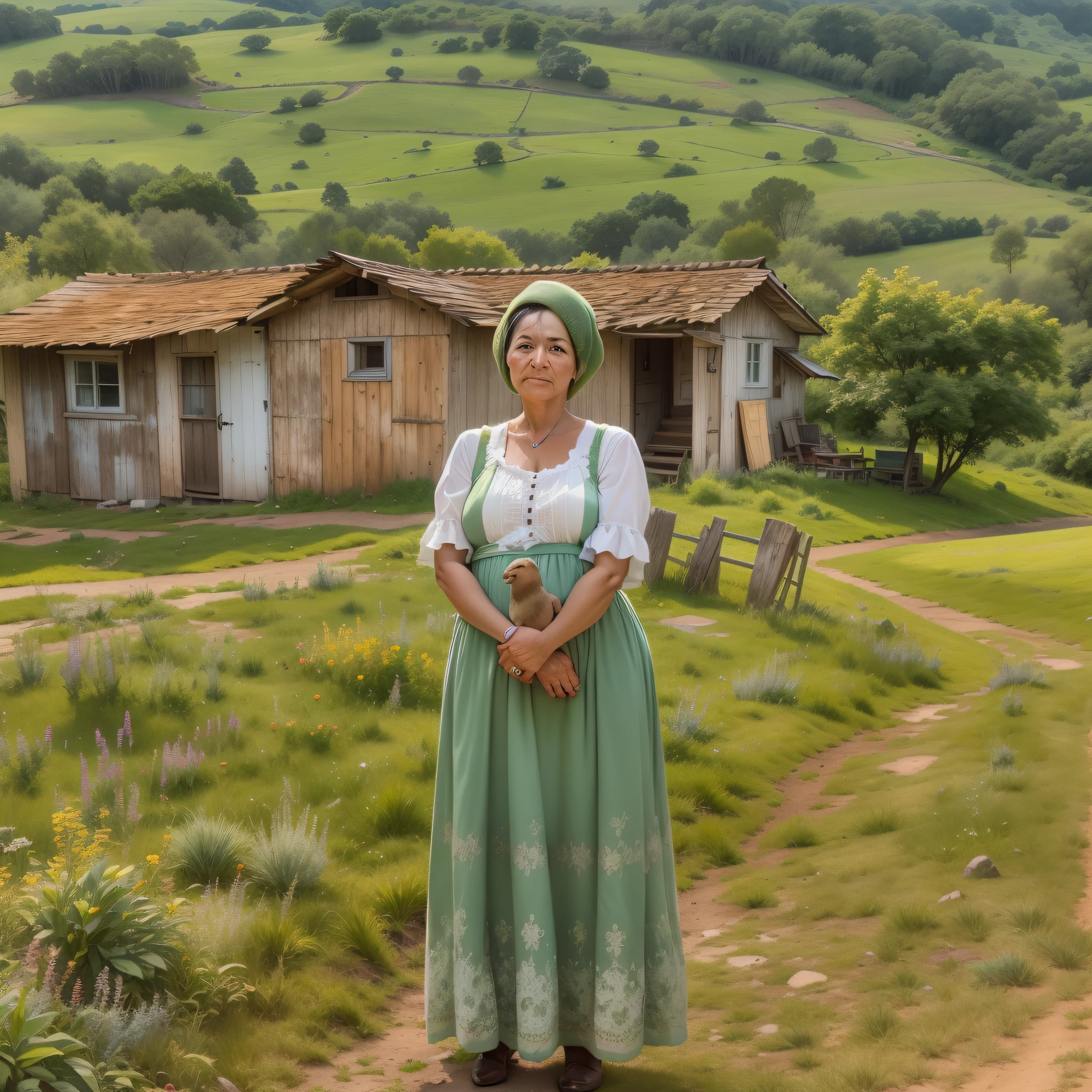 Meet Elizabeth, uma devotada pastora, enquanto ela guia seu rebanho de ovelhas pelas pitorescas colinas ondulantes. Com um toque carinhoso, ela garante seu bem-estar enquanto pastam em meio a flores silvestres, while a rustic farmhouse harmoniously sits in the background.