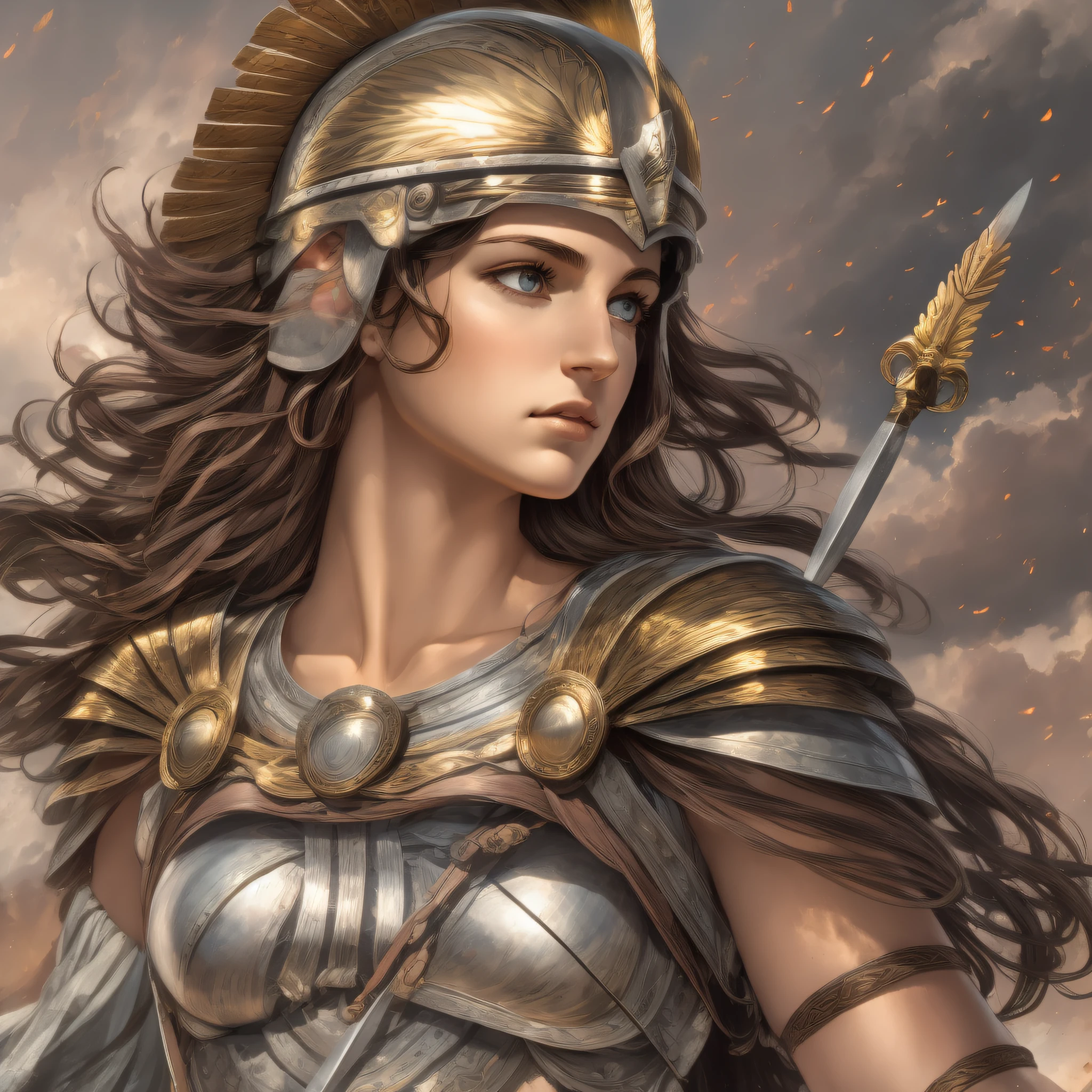 Greek Goddess Athena, brown hair, gray eyes, greek helmet, she is holdind a spear and wearing a light greek armor while fly in sky, looking down with fierce eyes