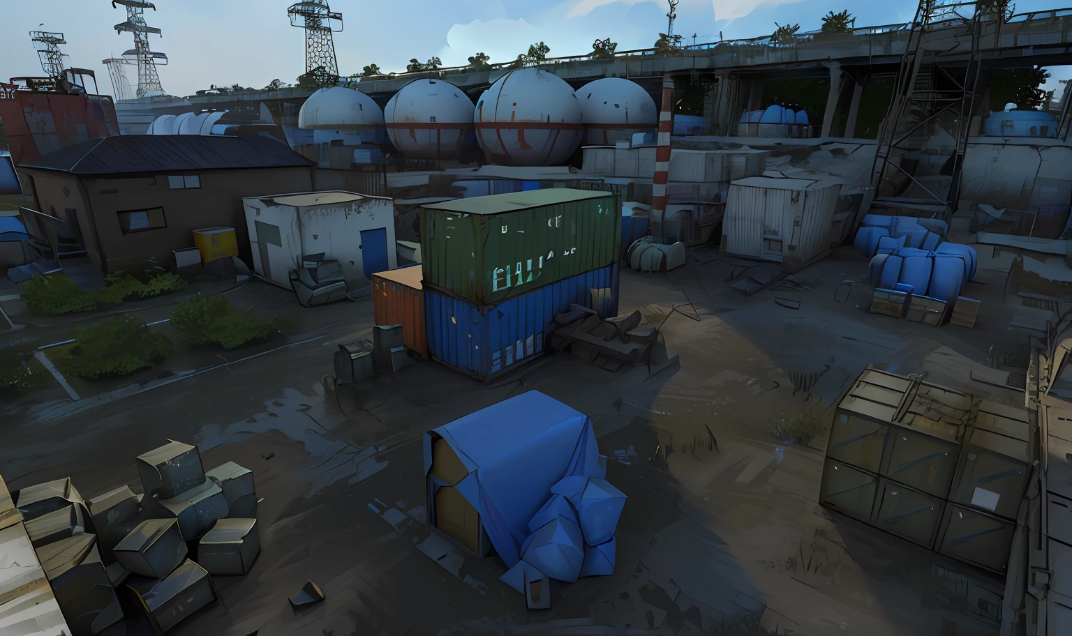Detailed render of an abandoned factory, Boxes and containers, Stylized screenshot from the game, boxes covered with a blue awning in the foreground, surround light, Everywhere there are containers and huge spherical fuel tanks, Hyper-detailed scene, ingame image, game cg, Реалистичный Unreal Engine 3D игра, высокодетализированная среда, in game graphic, Detailed scene, Sovetsky Dvor, Complex, detailed environment, highly detailed scene, Game environment, Hyperdetalizirovanaya environment