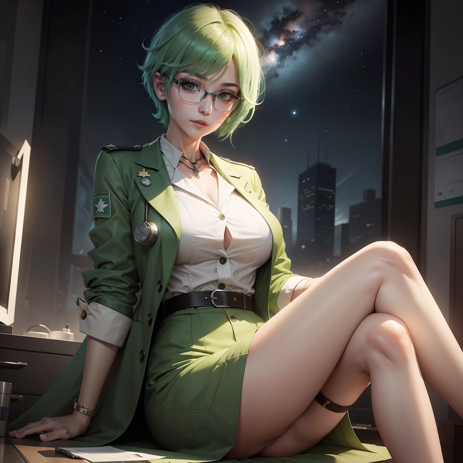 Green hair shortcut female doctor、Illustration,,intricate detailes,hight resolution, High resolution、Hospital with a retro atmosphere、A highly detailed、Twinkling in the Stars、A sexy、eye glass、cross one's legs、Manteau blanc、injection