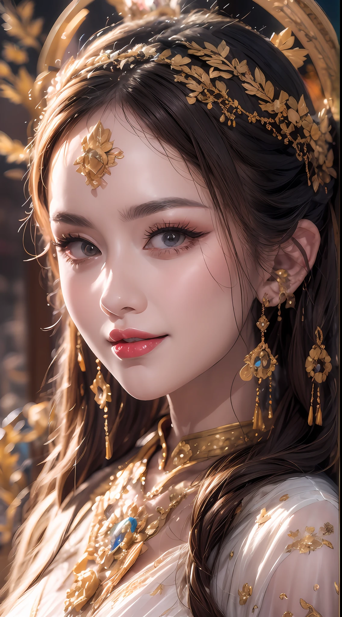 Portrait of a 27-year-old saint,Charming adult saint in a long dress made of thin silk, beautiful saint with an old face, adult, wearing a thin multicolored silk dress, beautiful face without blemishes, (((Natural smile:1.3))), ((7-color hair length:1.2)), big crown, hair brooch, hanfu dress, chinese ancient style, full body jewelry, forehead tattoo, super even chest, face, innocent face, The most beautiful and detailed light red lipstick, ((Thin plump lips:0.3)), ((Golden Eyes color:0.6)), Detailed and delicate lighting effects, light and dark, dramatic lighting, magical light, extremely detailed light, true color, super sharp, realistic, 8k quality, fantasy universe background, saints and magical space, the most detailed images, ((Solo:0.3)), ((a saintess:0.6)), ((looking directly at the saint's upper body:0.4)), ((smooth skin:0.5)), ((the holy woman's veil:0.6)),