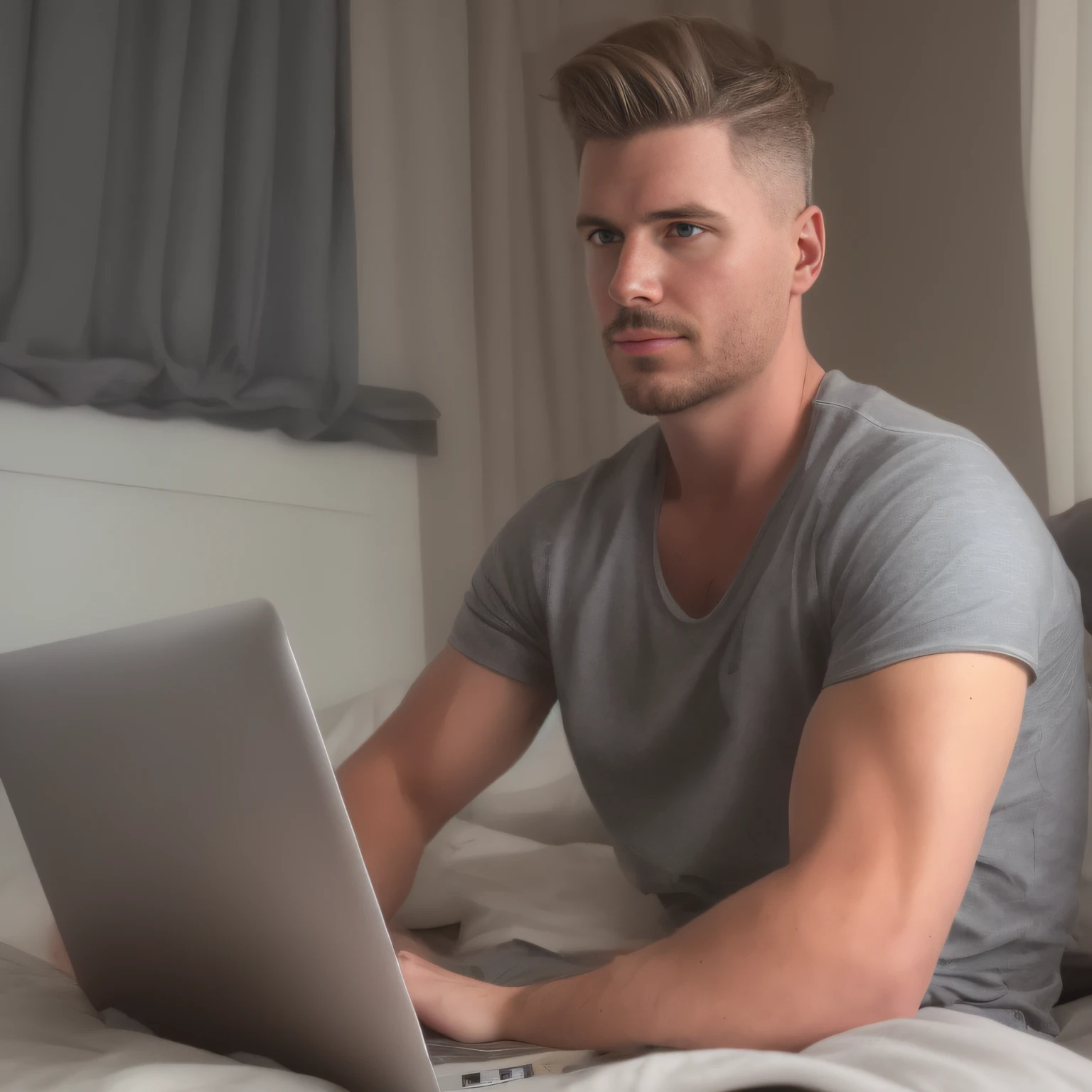 Masterpiece, Best Quality, Super detailed, SFW, 1guy, Attractive 30 year old white guy lying in bed with video call on laptop, Looking at the laptop screen, ((the sweat)), Undercut hairstyle, Topless, wearing tight underwear, Big bulge , Shot Full Body, side glance