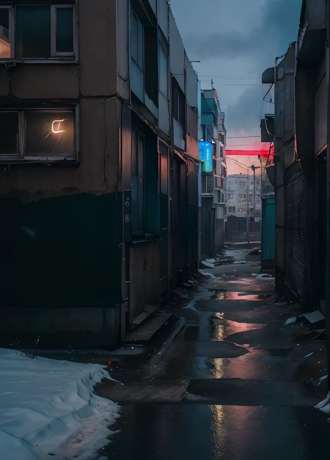 low angle, russianebenya, old panel houses, street, neon lights, cyberpunk, dark evening, movie still, 80mm lens, masterpiece, best quality, (film grain:1.1), ultra high res, RAW