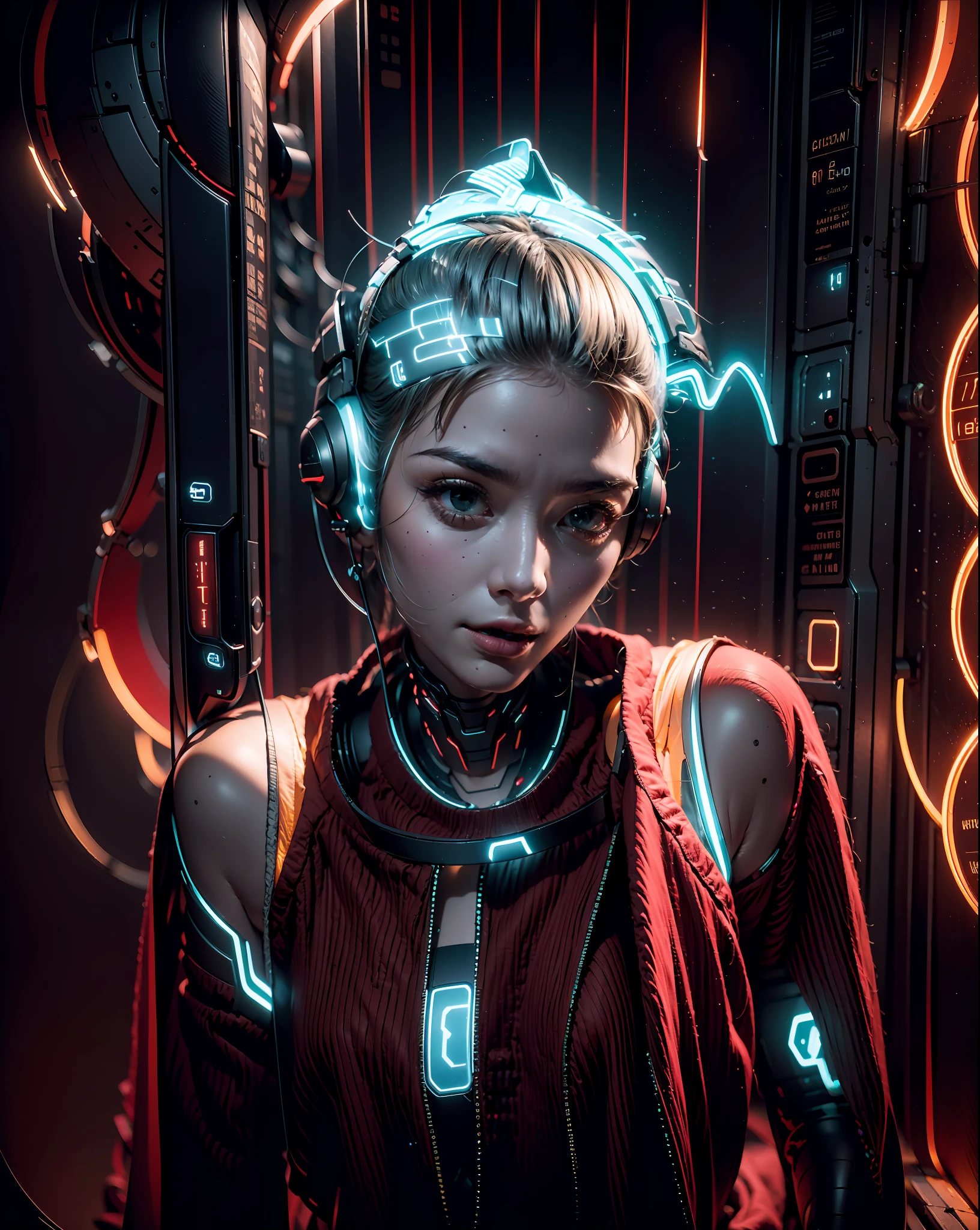 1girll，Perfect facial features，delicated face，(((Clean face)))，(cyber punk perssonage:1.3)，Bring headphones，Illuminated helmet and headphones，glowing jewelry，Glowing earrings，Glowing necklace，inside in room，Electronic wire background，best qualtiy，tmasterpiece，Movie filter presets，movie level lighting，c4d渲染，rendering by octane，with light glowing，High chiaroscuro，