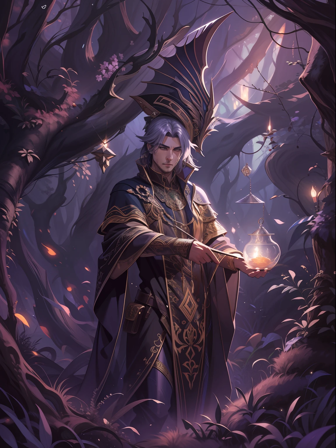 drawing cover, magic male druid in a florest, expression serious, close-up intensity, masterpiece, best quality, ultra-detailed, cinematic beautiful lighting, intricate details, looking at viewer, depth of field-ar 2:3-s 200