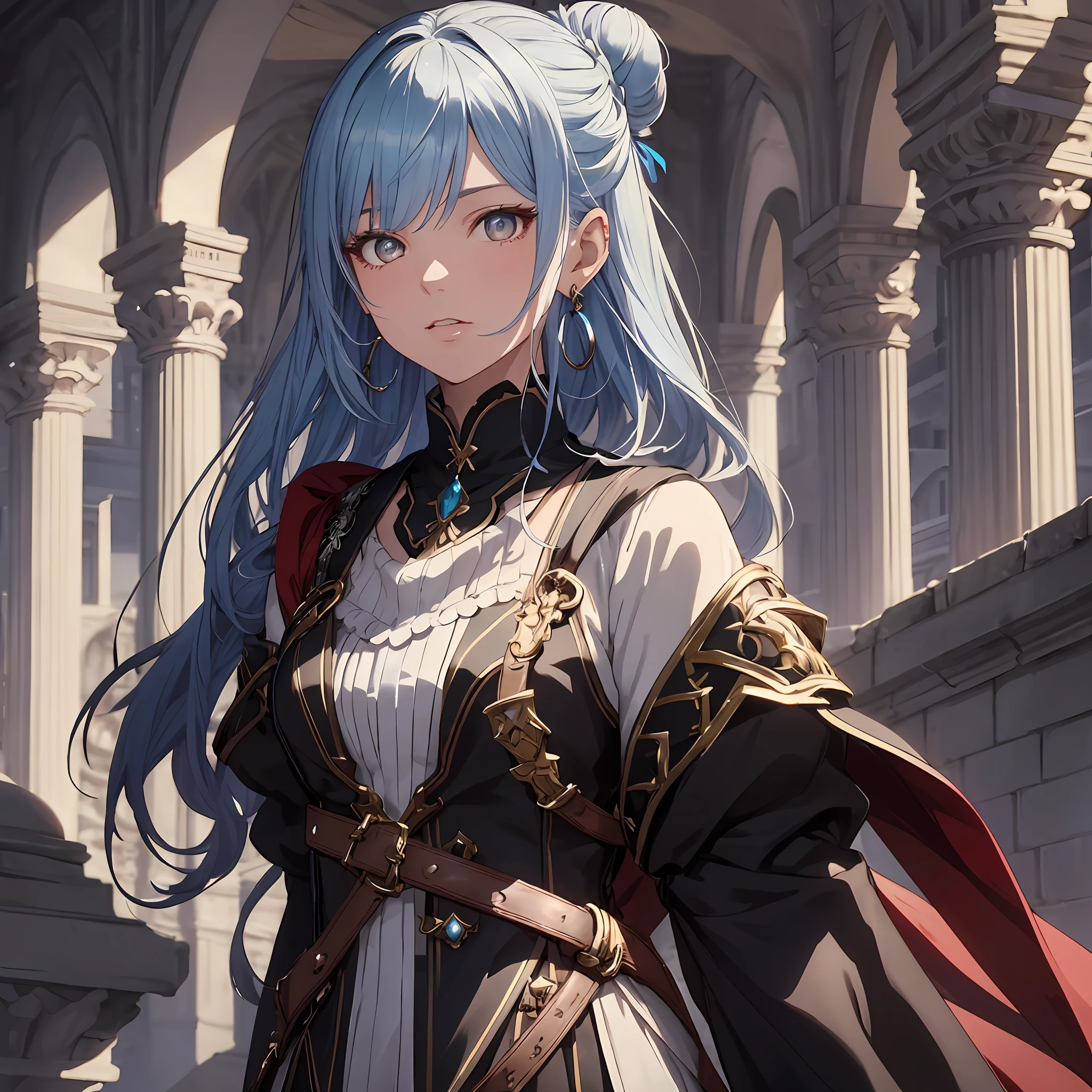 masterpiece, best quality, 1girl, ager, female focus, solo, mix white and light blue hair, vibrant white eyes, swordswoman short hair bun, looking at viewer, closed mouth, bangs, Fantasy aesthetics, fantasy earring, Highly detailed, shadowverse style, black attire