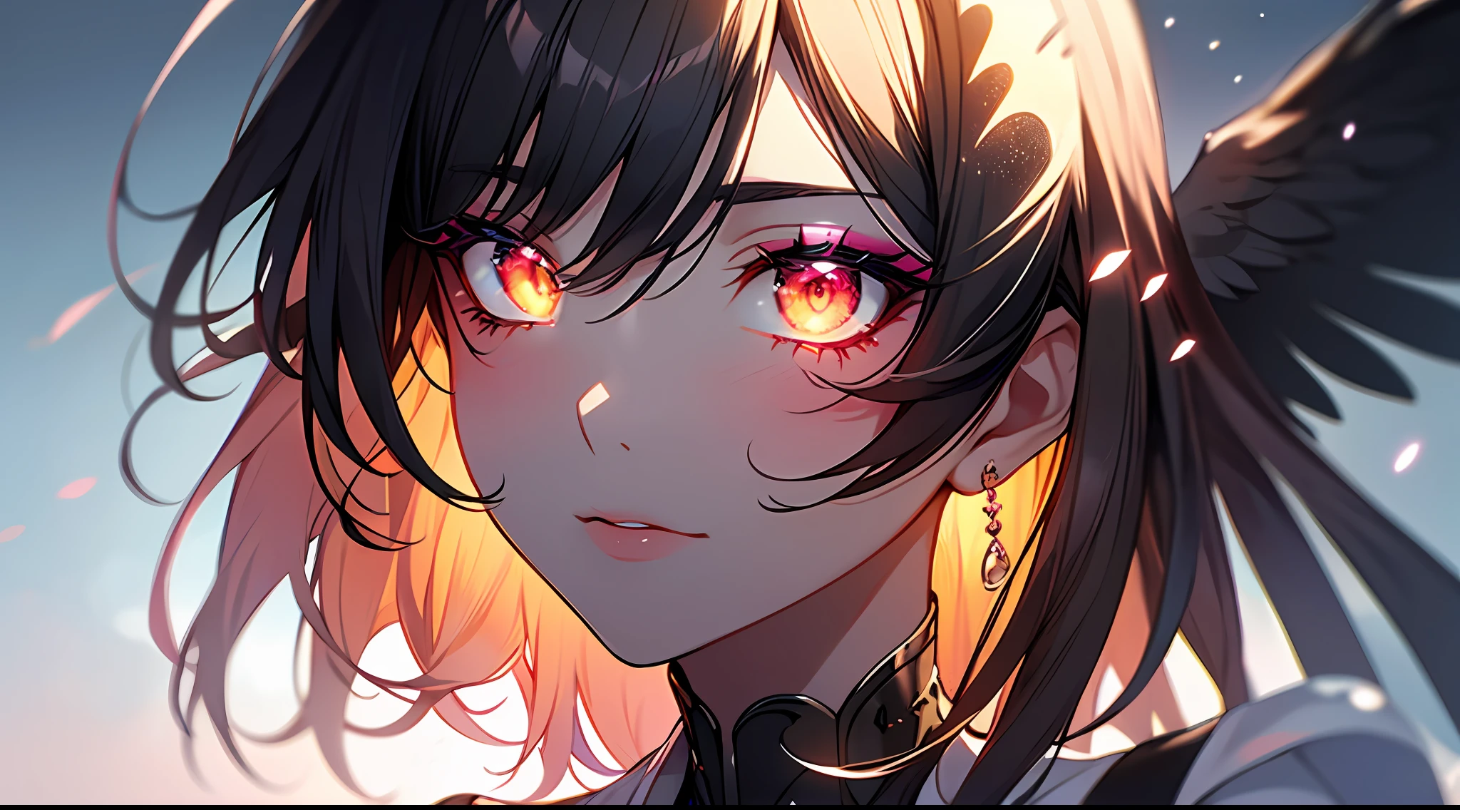 (Masterpiece:1.2), best quality, (illustration:1.2), (ultra-detailed),Eye focus,(Masterfully crafted Glow, pink lens flare), (Cinematic background), hyper details, (delicate detailed), (intricate details),in the air, octane render, hdr, (hyperdetailed:1.15), (soft light:1.2), 1girl, beautiful girl, ultra detailed eyes, mature, plump, thick, rainbow painting drops, paint teardrops, woman made up from paint, entirely paint, splat, splash, outdoors, (bioluminescent hair:1.1),(glowing eyes), ((makeup)),(Cinematic masterpiece), fierce, powerful, splashes of colour absolutely eye-catching, (Cinematic headlight), light coming from above, growing shadows, ((caustic)), dynamic angle, beautiful detailed glow, ambient occlusion, ambient light, raytraced reflections,(best illumination, an extremely delicate and beautiful), ((cinematic light)), (soft:2), (Nephilim:1.2), (halo), demon horns,(1 angel wing),1 demon wing, wings on back, half demon, demon ears, black wings, raven wings, (falling raven feathers), black hair, grey eyes, (red hair glow), (radiant aura),