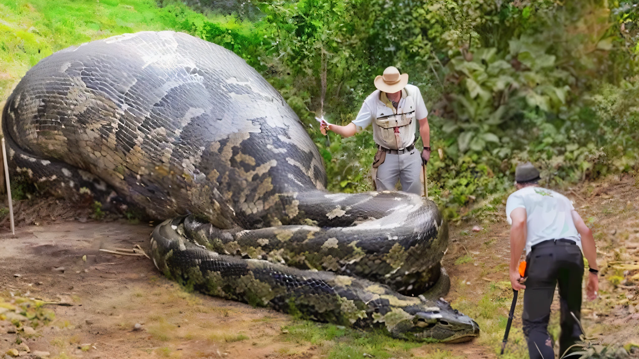 there is a man standing next to a huge snake that is laying in the dirt, giant snake, big snake, anaconda, giant snake castle, giant coiling snake machine, huge creature, gigantic creature, huge, his trunk is a huge tentacle, terrifying but fascinating, big snakes heads, snake body. many large, a huge, it's very huge, (Masterpiece), (Ultra High Definition: 1.0), (Detail, Masterpiece, Delicate, Detailed),