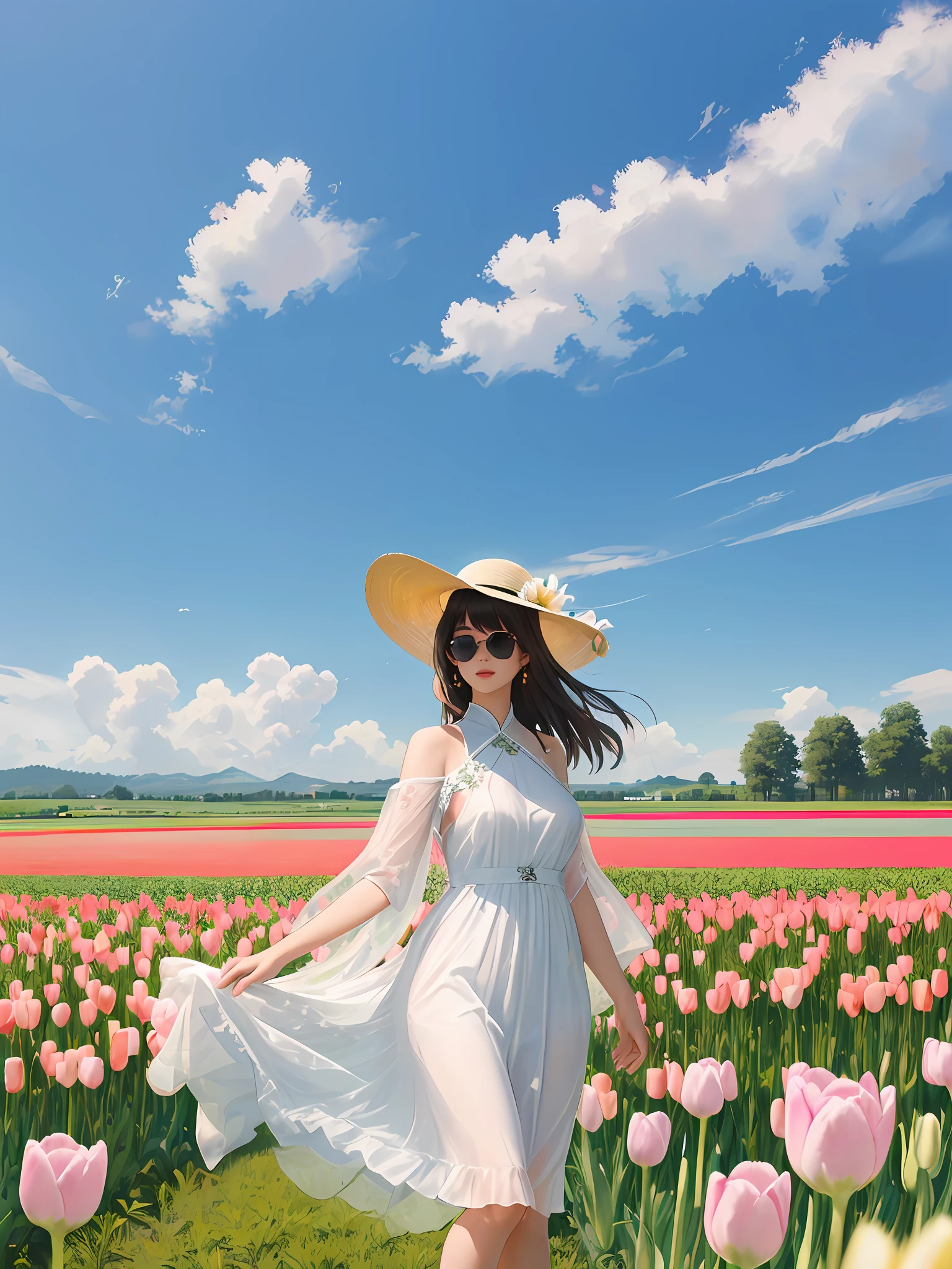 there is a pretty chinese woman standing in a field of tulips with a sun hat on and wearing white halter dress, standing in tulips field, standing in a flower field, woman standing in tulips field, girl standing in a flower field, standing in a field with flowers, girl in a flower field, with flower fields as foreground, in a field of flowers, flower fields, girl standing in flower field, wearing sunglasses, tall and slim