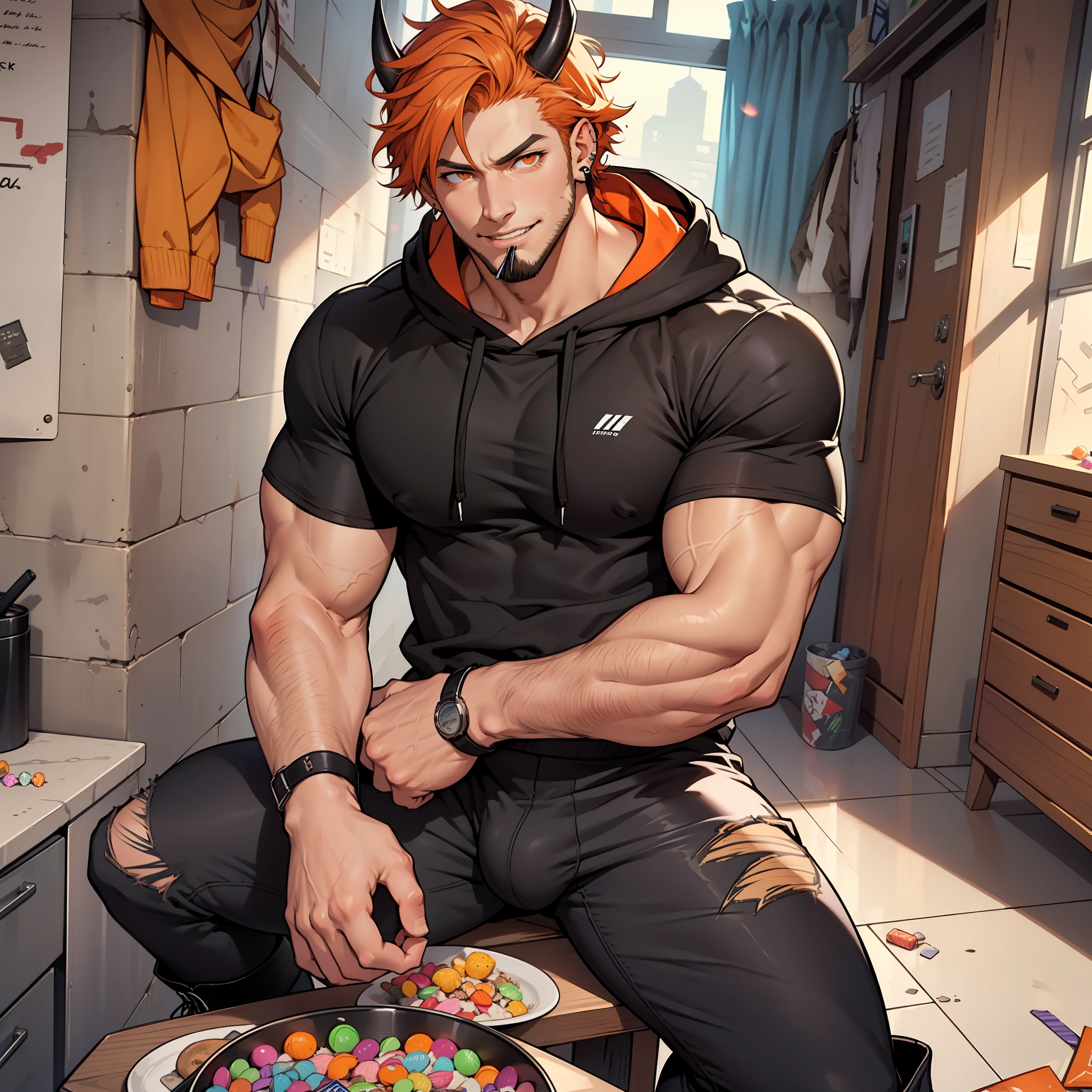 Handsome male, orange hair, short curly hair, orange eyes, horns, bara, smirk, soft features, faded beard, roman nose, black hoodie, chest harnes, black pants, black boots, big bulge, piercings, eating candy, good quality, short hair, tall male