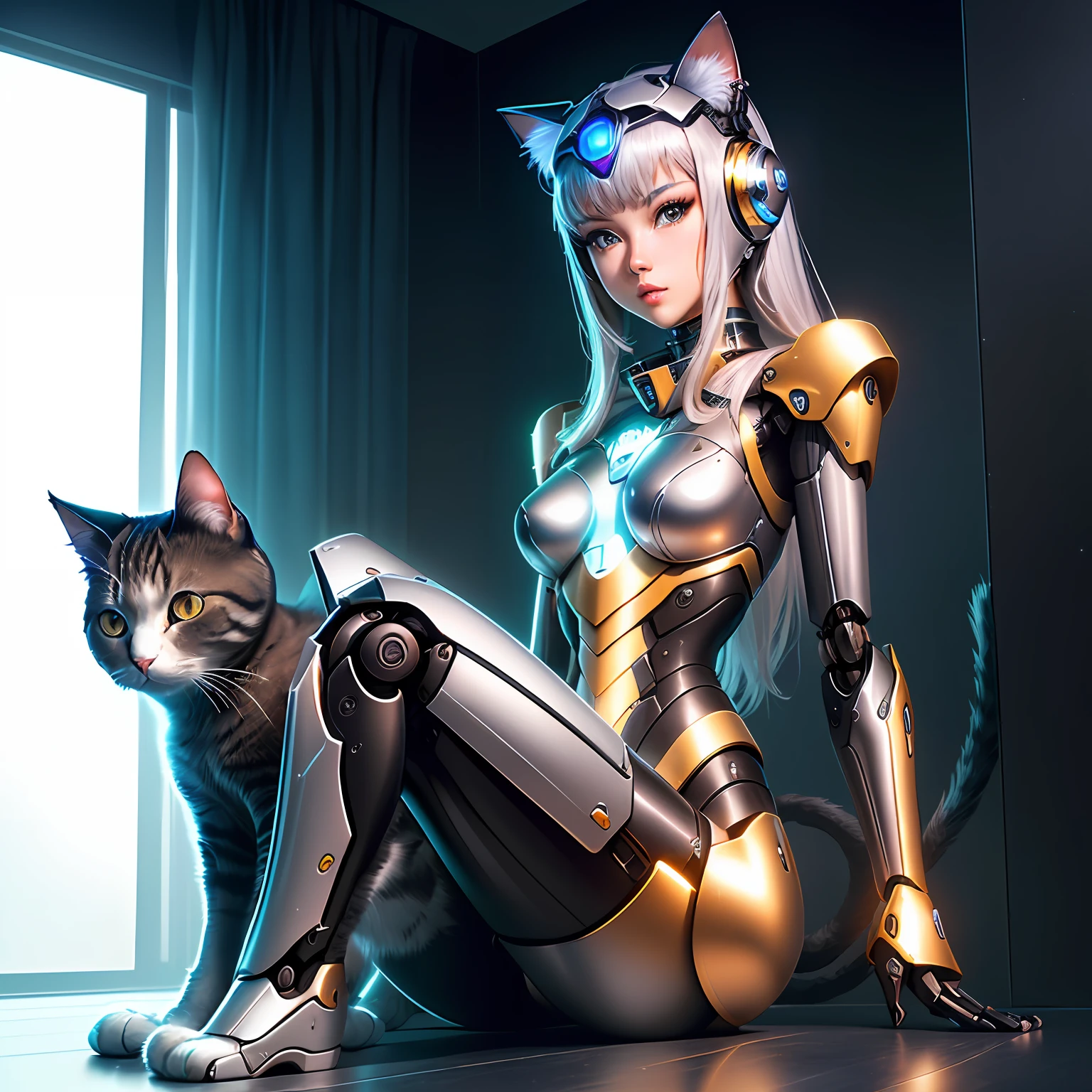 tantalizing|gorgeous|irresistible A robot cat with metal silver on its head and body, a metal silver cat, by Hajime Sorayama style, vray tracking style, futuristic, minimalist, dima dmitriev, neon
shot