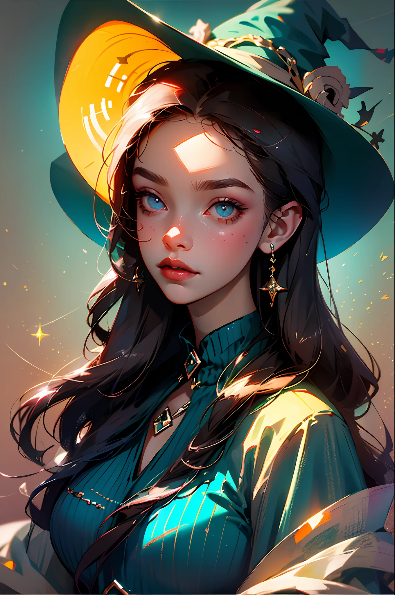 (best quality, masterpiece, realistic, detailed), 8k CG, perfect artwork, 1 girl, adult woman, slender, solo, teal eyes, red long hair, portrait, mischievous smile, solo, detailed background, witch hat, magical atmosphere, hair flowing in the wind, blue trimmed dark colored clothes, cast spell using magic wound, dark magic, (style-swirlmagic:0.8), floating particles, creepy witch house background, updraft, full moon,