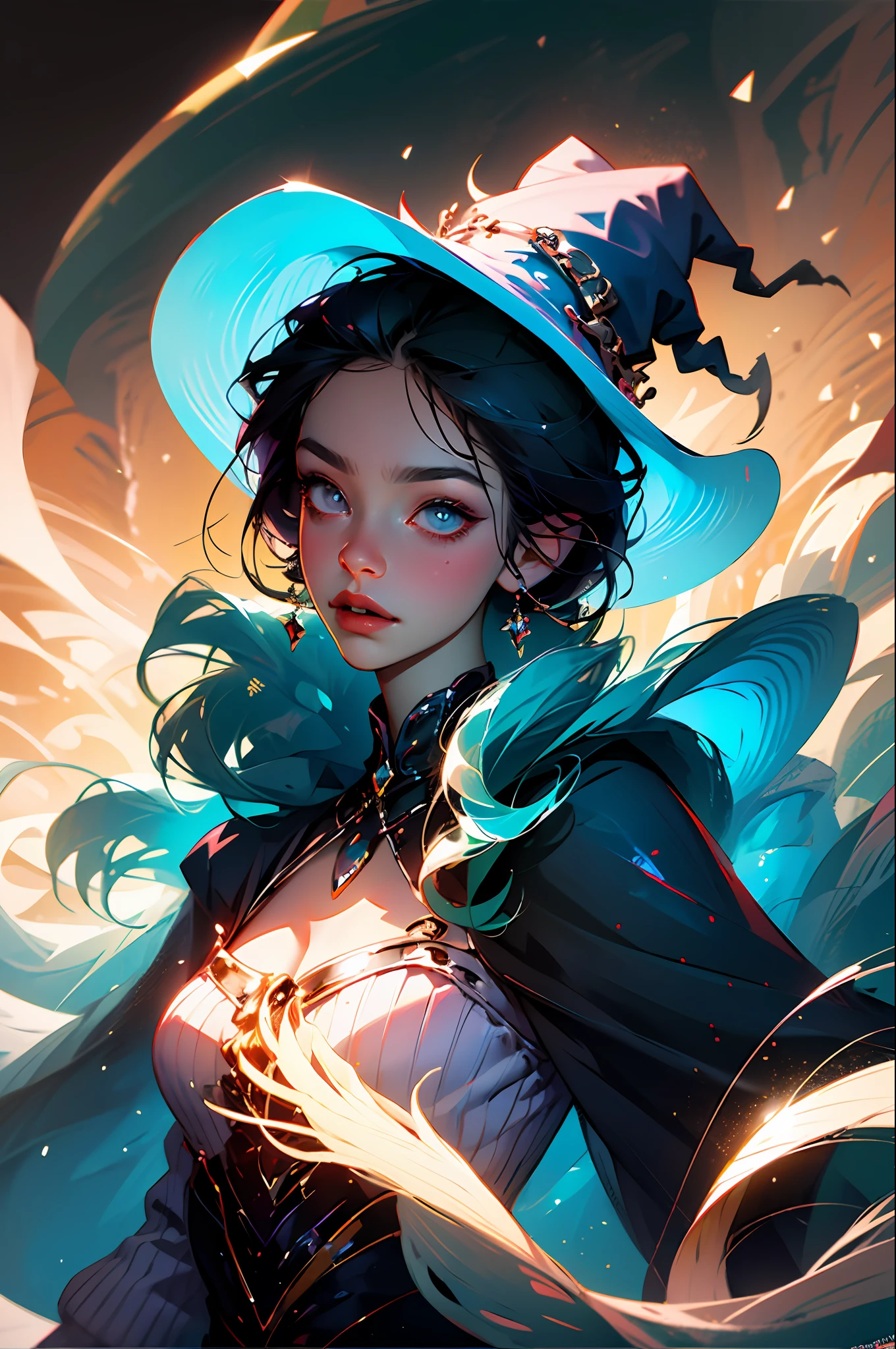 (best quality, masterpiece, realistic, detailed), 8k CG, perfect artwork, 1 girl, adult woman, slender, solo, teal eyes, red long hair, portrait, mischievous smile, solo, detailed background, witch hat, magical atmosphere, hair flowing in the wind, blue trimmed dark colored clothes, cast spell using magic wound, dark magic, (style-swirlmagic:0.8), floating particles, creepy witch house background, updraft, full moon,