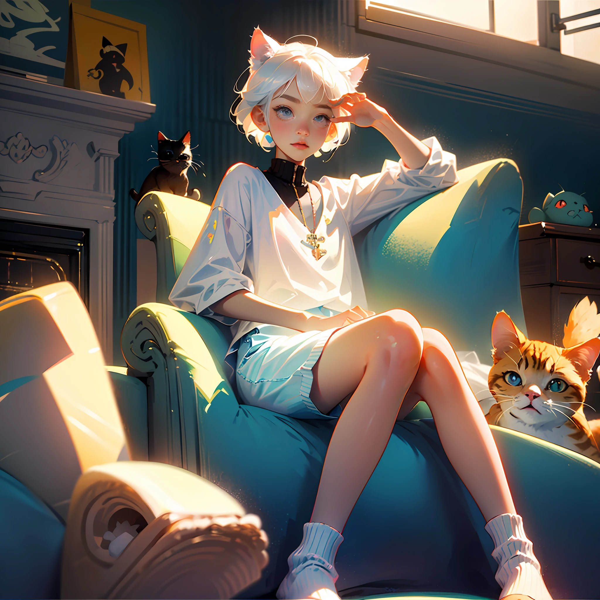 Cute little boy with short handsome white hair,Wear shorts and socks on your feet,Has cat ears and a cat tail,lying on sofa,adolable,Childlike,nursery school,cold shades,inside in room,Long anime style,planar --auto