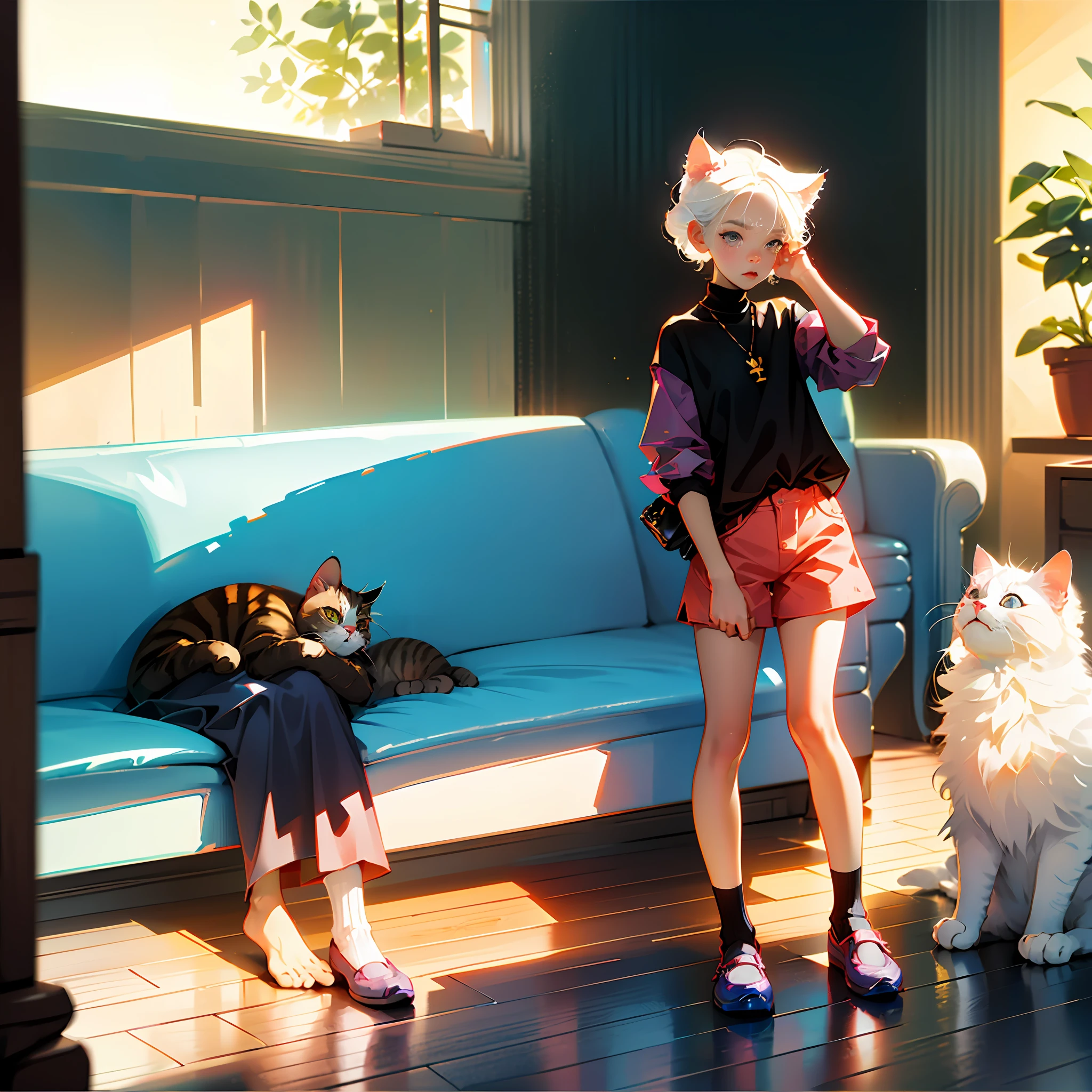 Cute little boy with short handsome white hair，Wear shorts and socks on your feet，Has cat ears and a cat tail，lying on sofa，adolable，Childlike，nursery school，cold shades，inside in room，Long anime style，planar --auto