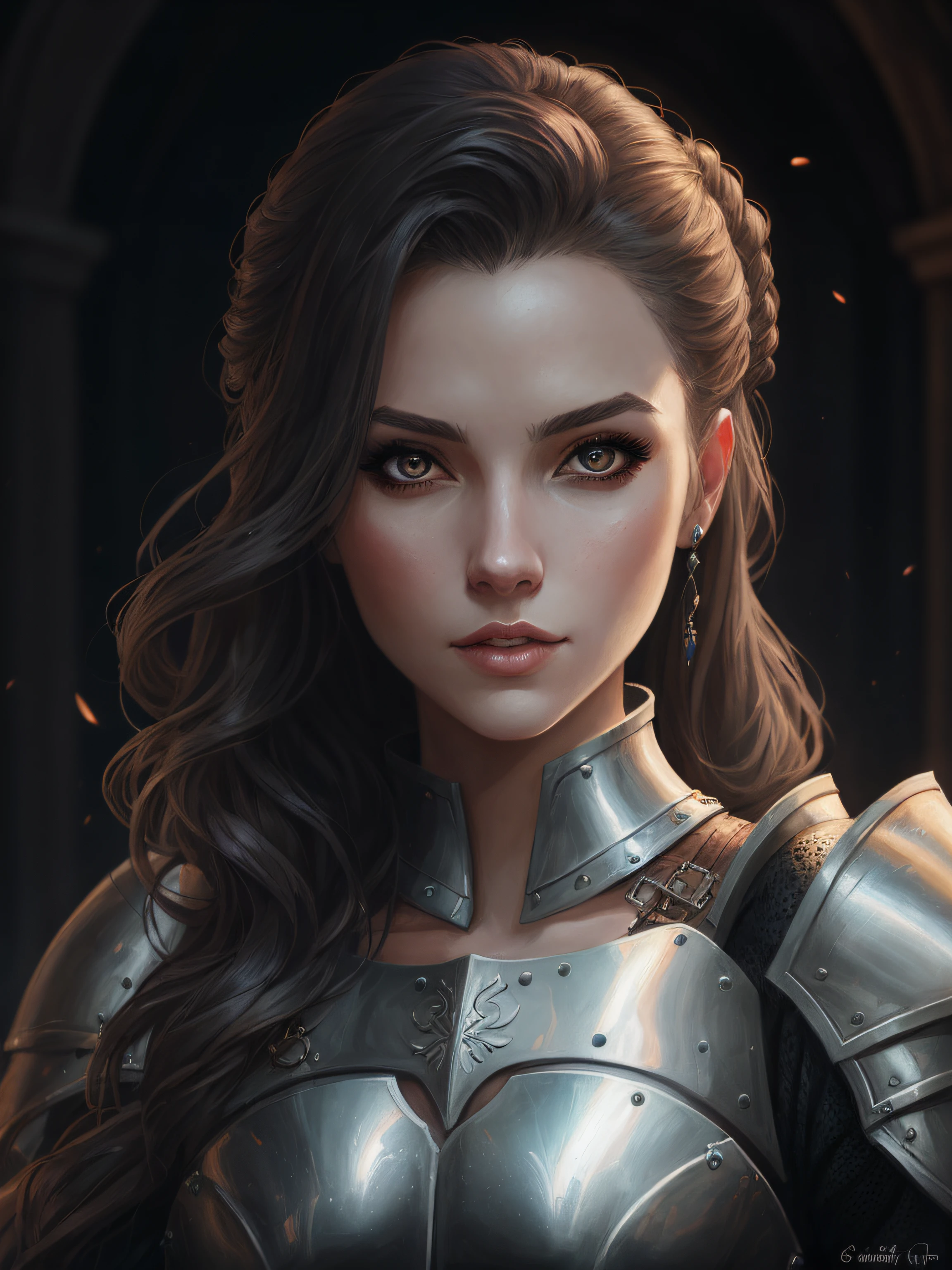 a close up of a woman with a sword and armor, portrait of female paladin, portrait knight female, fantasy concept art portrait, beautiful female knight, detailed matte fantasy portrait, of a beautiful female knight, fantasy art portrait, dark fantasy portrait, fantasy character portrait, epic fantasy art portrait, fantasy paladin woman, fantasy portrait art, portrait of a female mage